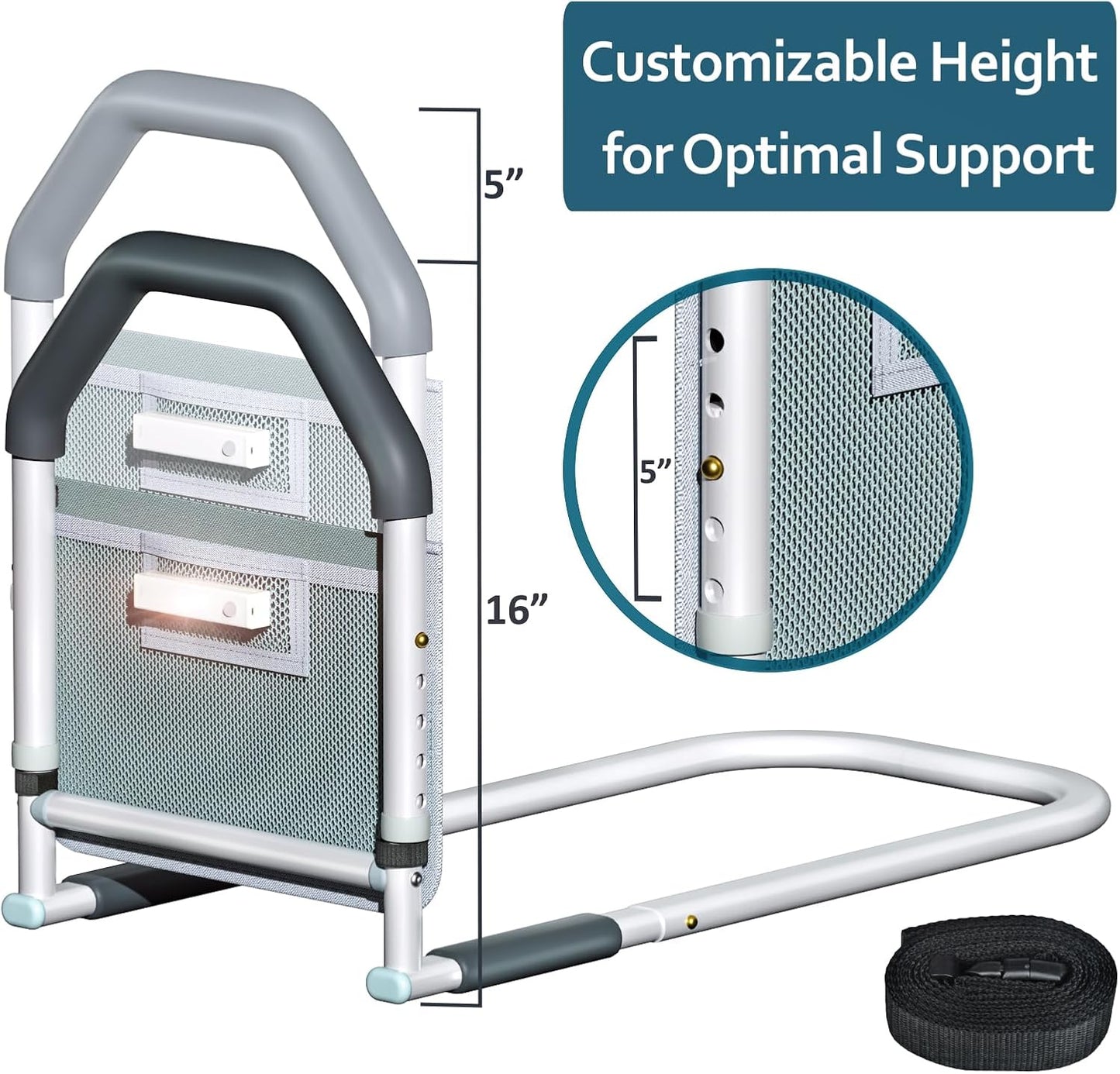 Bed Rails for Elderly Adults Safety - with Motion Light & Storage Pocket - Adjustable Bed Assist Rails for Seniors & Patients - Fits All Beds, Tool-Free Assembly