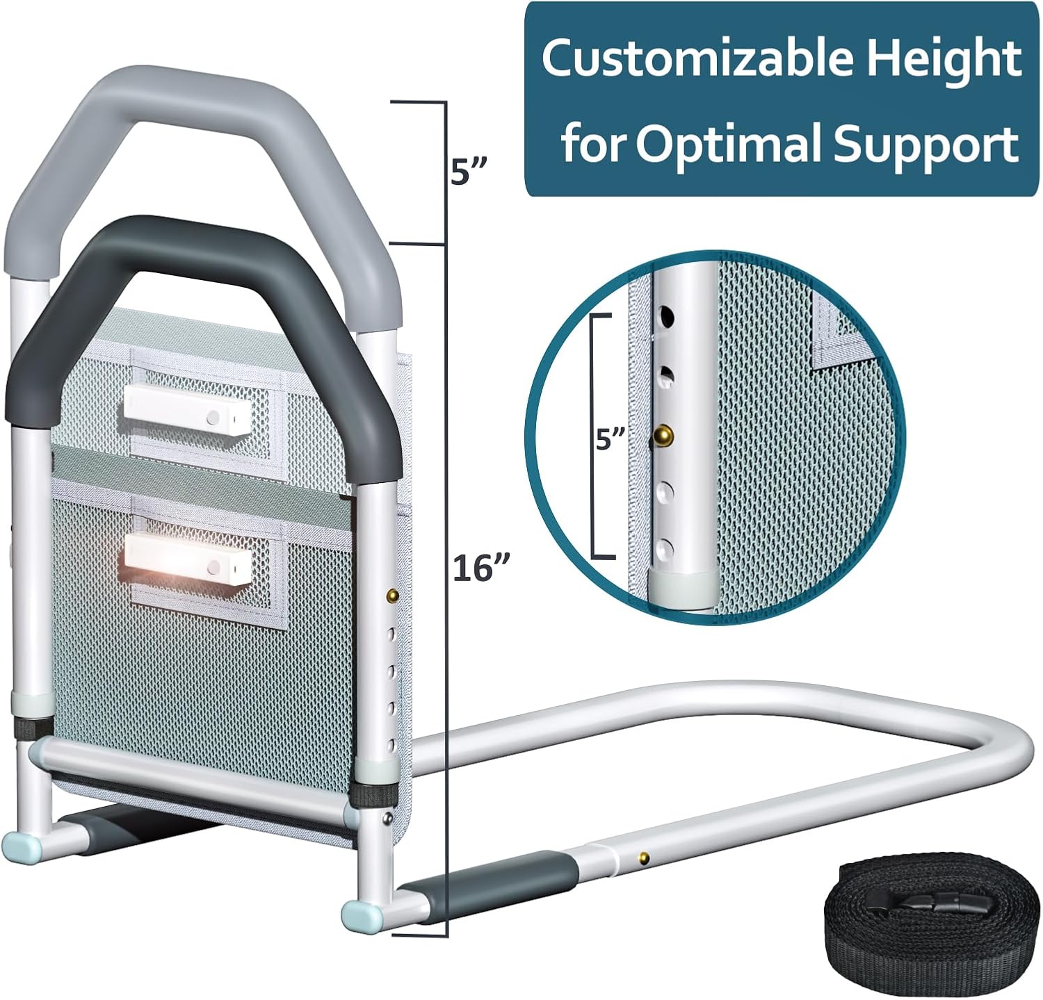 Bed Rails for Elderly Adults Safety - with Motion Light & Storage Pocket - Adjustable Bed Assist Rails for Seniors & Patients - Fits All Beds, Tool-Free Assembly