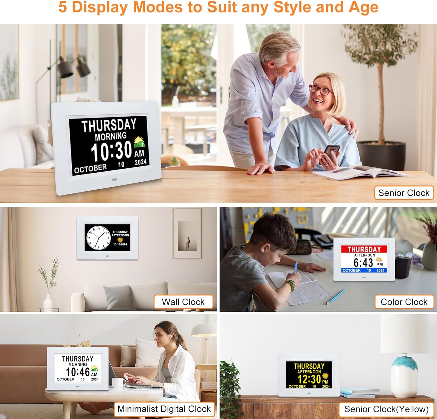 Digital Calendar Dementia Alarm Clock with Day and Date - 15 Alarms 5 Colors Display Digital Clock Large Display. Large Digital Clock for Seniors (7In White)