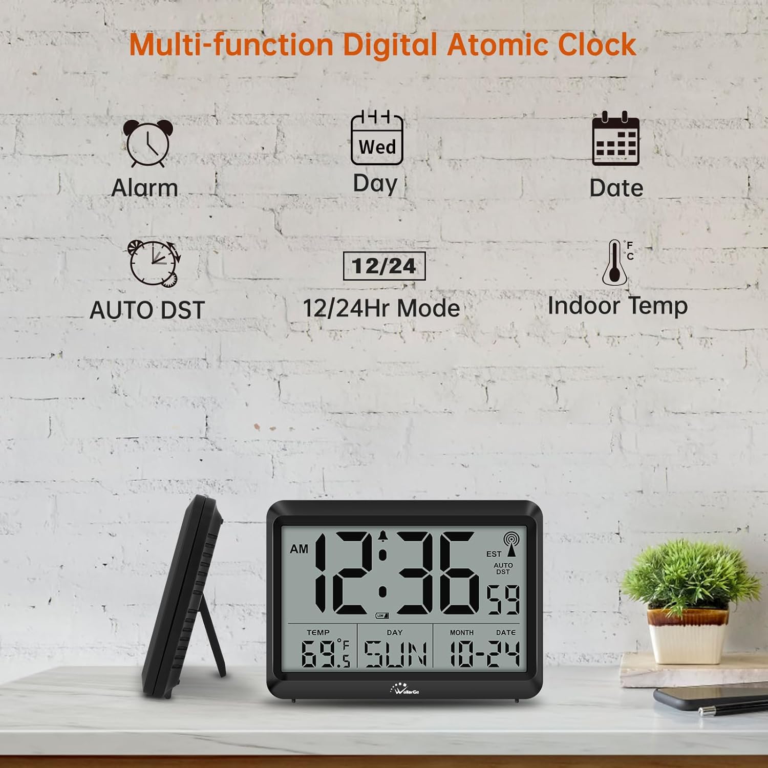 Atomic Digital Wall Clock Battery Operated, Self-Setting, Large Display with Temperature, Date, Day of the Week, Silent Wall Mount Digital Clock, 4 Time Zones, DST