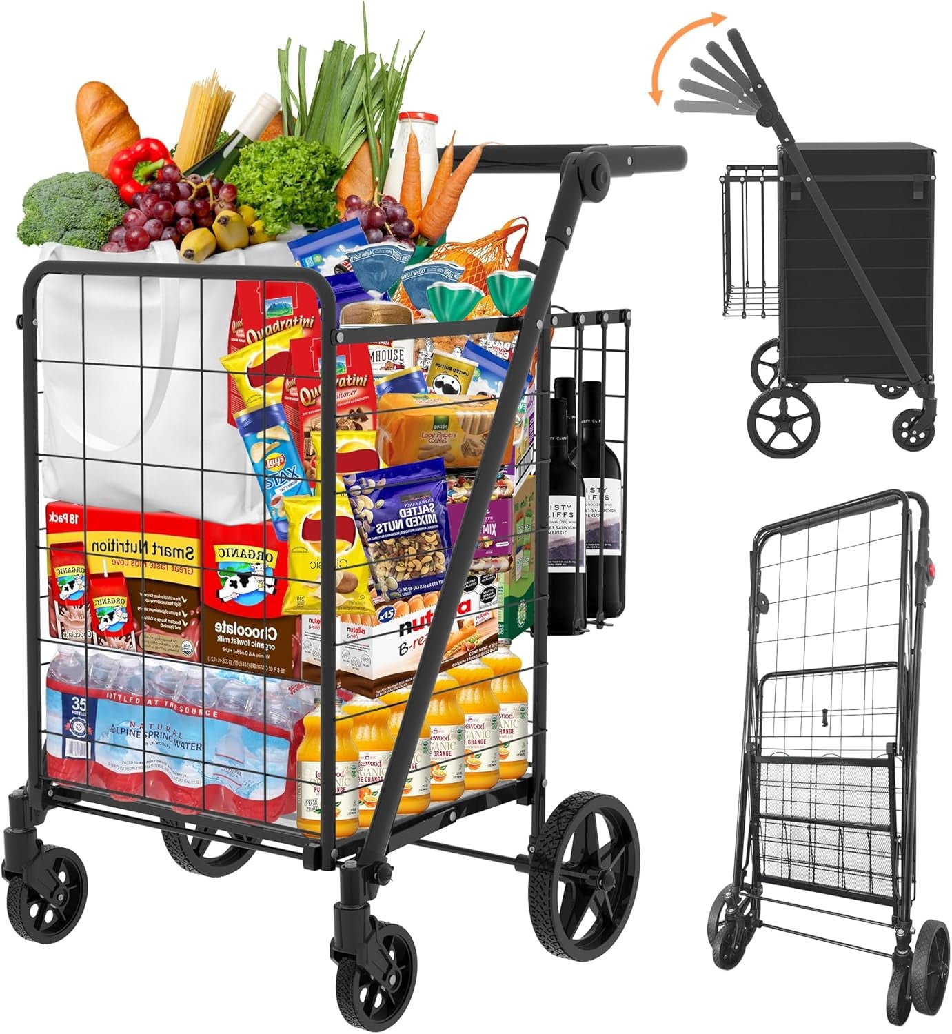 Grocery Cart on Wheels with Adjustable Handle, Waterproof Bag, 10-Min Assembly Heavy-Duty Foldable Shopping Cart for Apartments, Laundry, Camping, Max Load 320 LBS, Black