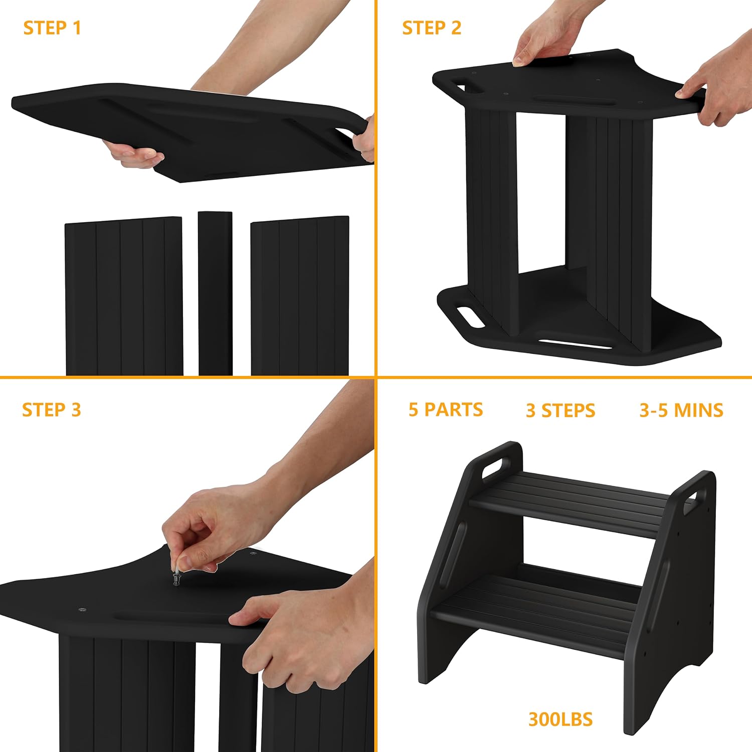 Wooden Step Stool, Two Step Stools 300 Lbs Capacity with Safety Non-Slip Pads and Handles, Bamboo Step Stool for Bathroom, Kitchen Dual Height Step Stools for Adults (Black)