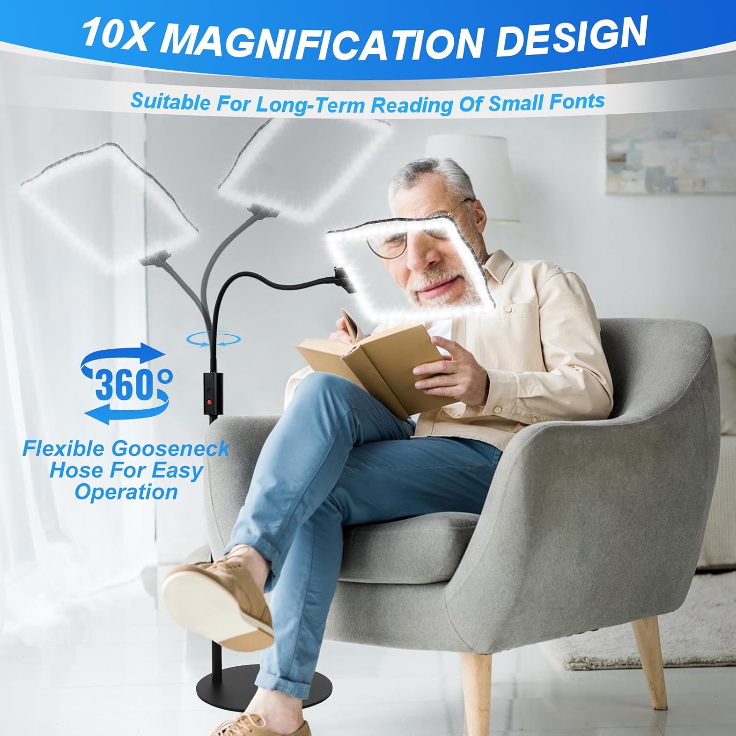 10X Magnifying Glass, with Light and Stand, 3 Light Modes Rechargeable Floor Magnifying,Suitable for Reading, Sewing, Crafts, DIY, Embroidery, Close Work. 