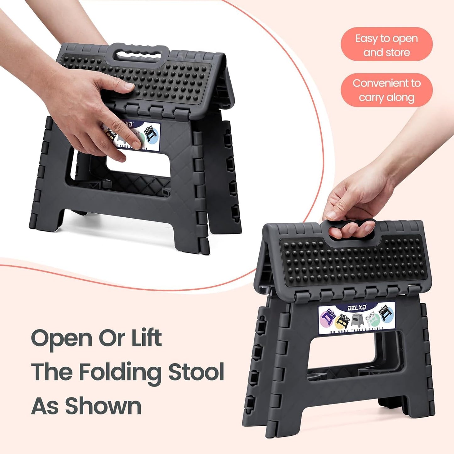 Folding Step Stool 9 Inch,Non-Slip Foldable Stools for Kids & Adults up to 300 Lbs,Kitchen Collapsible Fold up Stepping Stool with Dotted 1 Pack,Gray