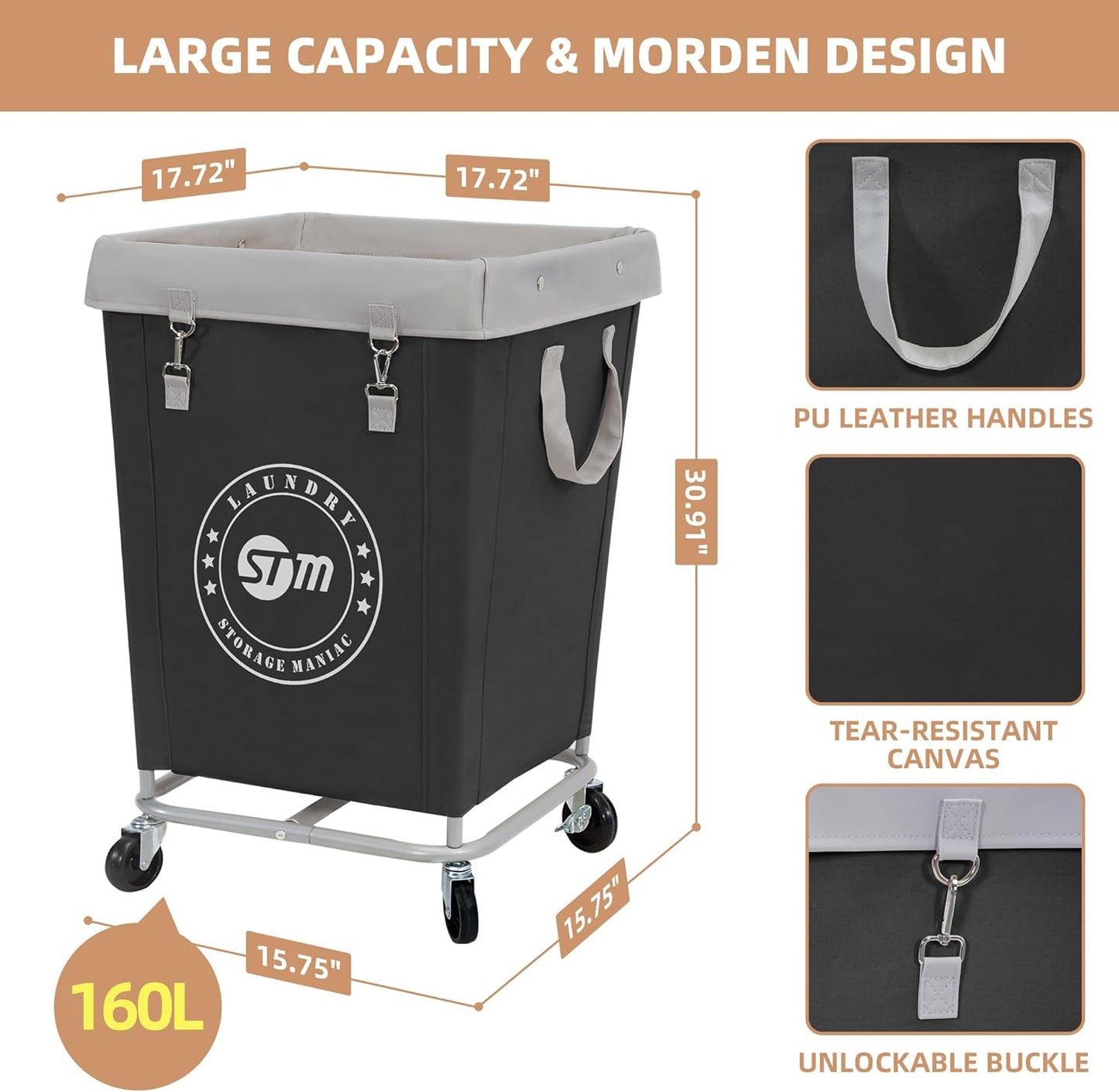 Commercial Laundry Hamper with Heavy Duty Steel Frame, 160 L Industrial Laundry Basket Cart with Wheels for Hotel, Home, Laundry Room, 17.72''L X 17.72''W X 30.91''H, Medium Black