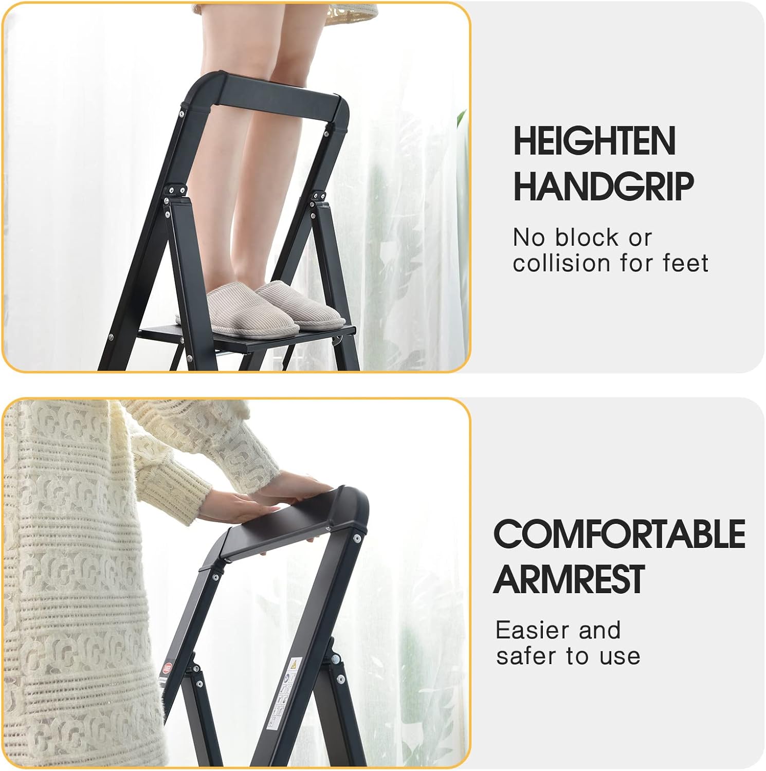 Step Ladder, 2 Steps, Folding Step Ladder with Handrail, Non-Slip Household Ladder with Folding Safety, Aluminium Step Stool, Maximum Load 150 Kg, Black