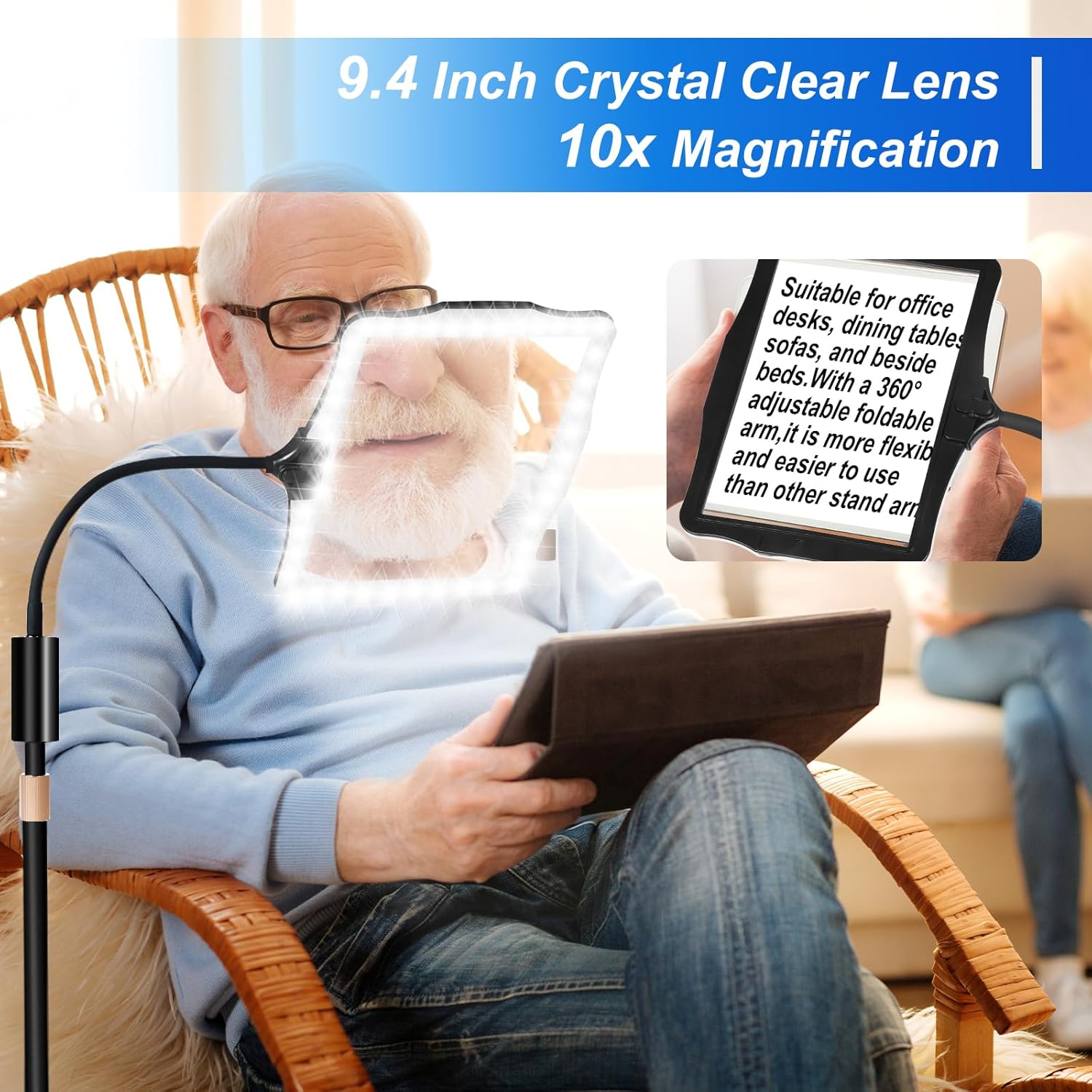 10X Magnifying Glass, with Light and Stand, 3 Light Modes Rechargeable Floor Magnifying,Suitable for Reading, Sewing, Crafts, DIY, Embroidery, Close Work. 