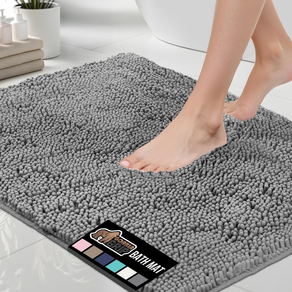 Bath Rug Mat 30X20, Thick Soft Absorbent Chenille, Quick Dry Microfiber Mats, Rubber Backing Washable Shower Floor Rugs, Bathmat Runner, US Designed Bathroom Home Decor Accessories Grey