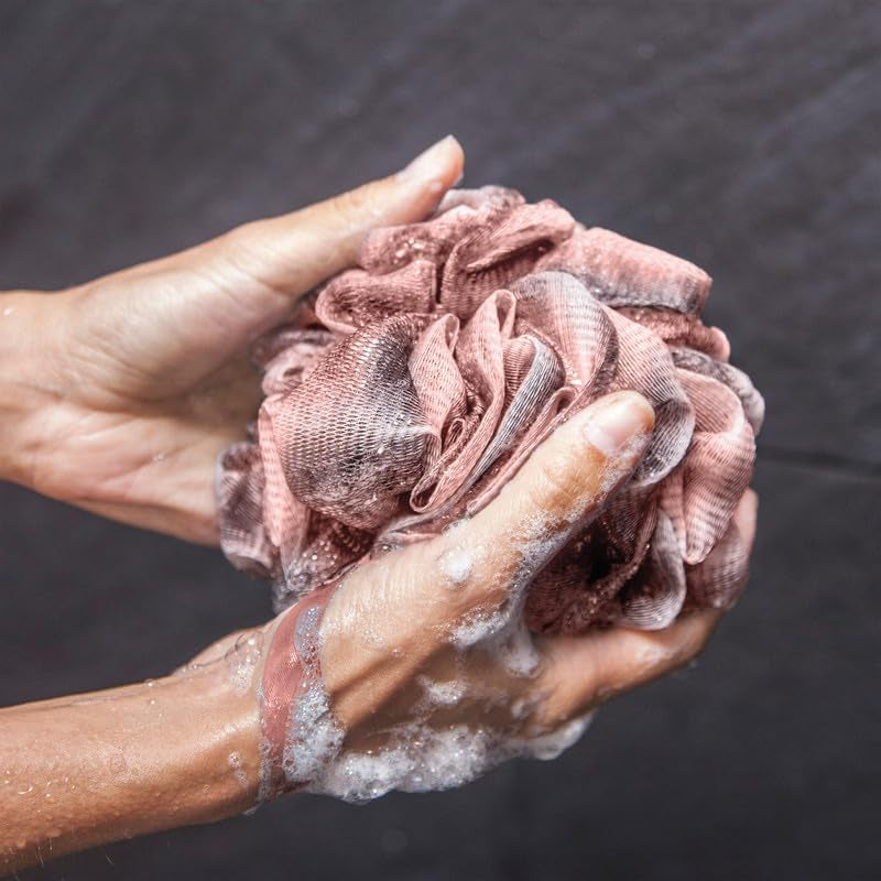 Loofah Back Scrubber for Shower | Bamboo Charcoal Fiber Infused | Loufas for Men & Women | Includes 1 Long Handled Shower Sponge, 1 Bath & Shower Luffa Pouf & 1 Hook to Hang Stuff (Rose Pink)