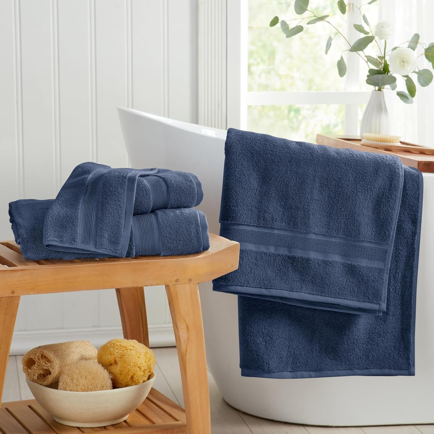 Luxury Viscose from Bamboo Bath Towel Set of 4 | 35% Viscose from Bamboo - 65% Cotton | Absorbent Quick-Dry Towels for Bathroom | Oeko-Tex Standard 100 Cotton | French Blue