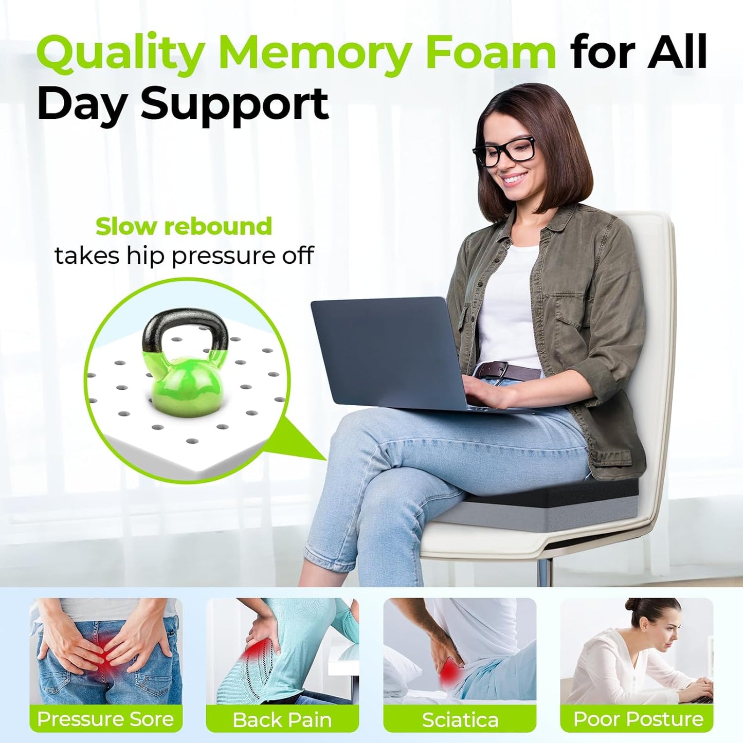 Ventilation Seat Cushion with Innovation Heat Dissipation Design, Anti-Bedsore Wheelchair Cushion with Supportive Memory Foam, Waterproof & Anti-Slip Cover, Improve Lower Back & Tailbone Comfort