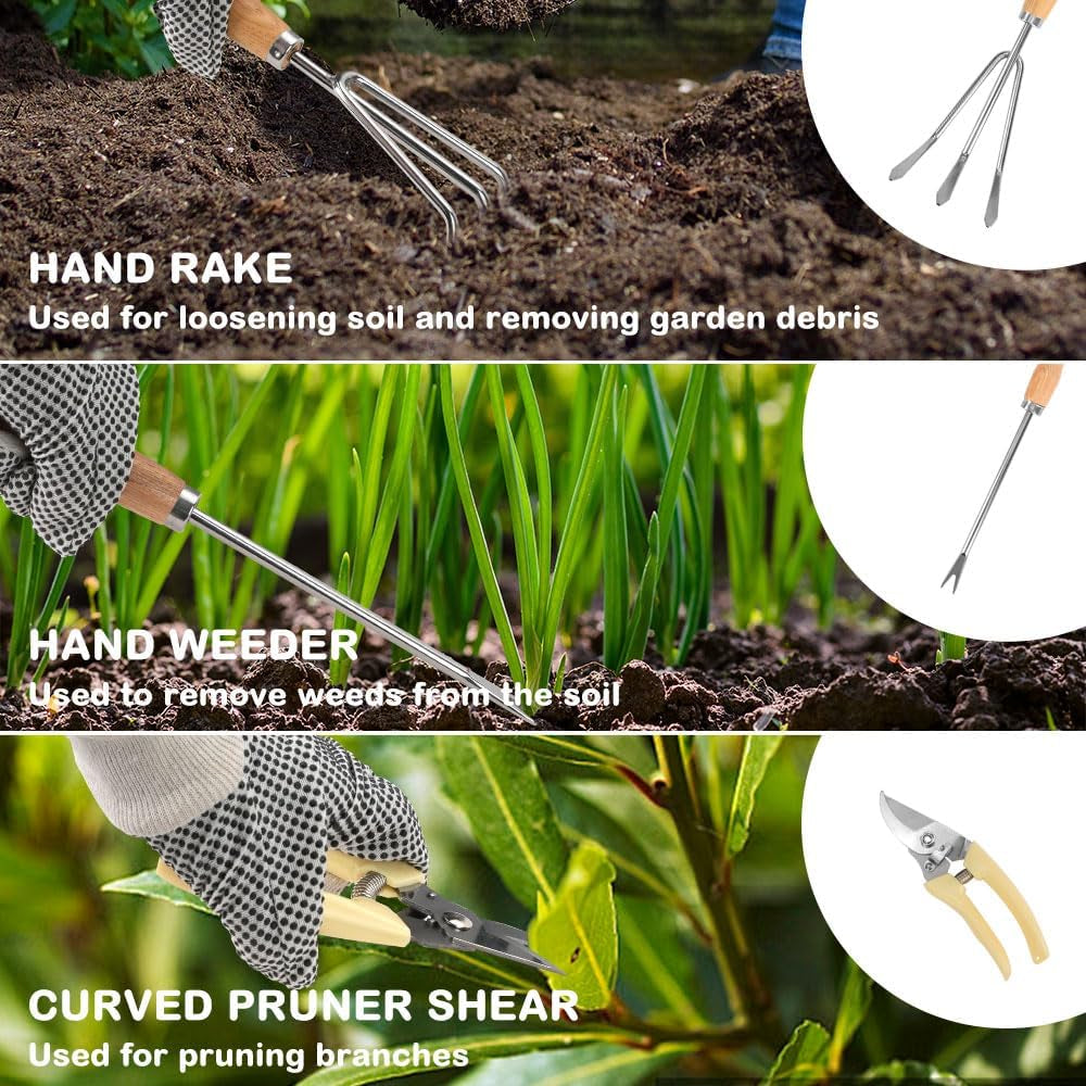 13-Piece Garden Tools Set for Women, Stainless Steel Heavy Duty Gardening Tools with Durable Storage Tote Bag, Rust-Proof Gardening Gifts with Ergonomic Handles for Mothers Gardeners Women