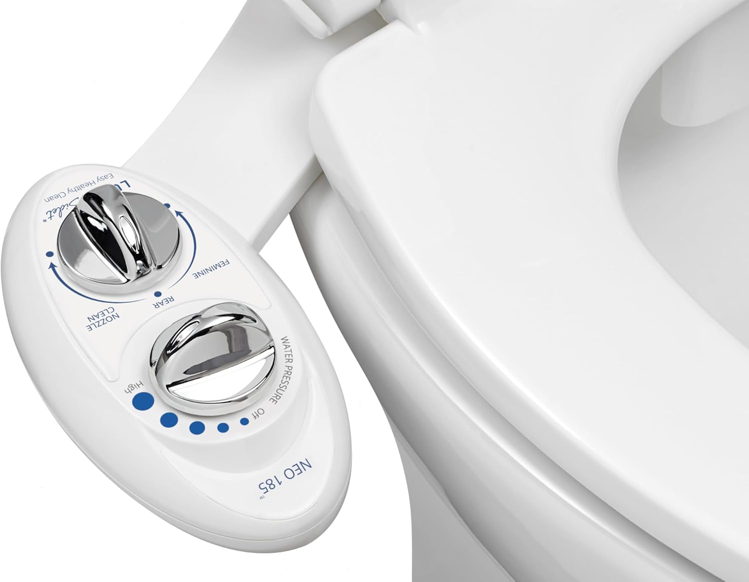 NEO 185 - Dual Nozzle, Self-Cleaning, Non-Electric Bidet Attachment for Toilet Seat, Adjustable Water Pressure, Rear & Feminine Wash (White)