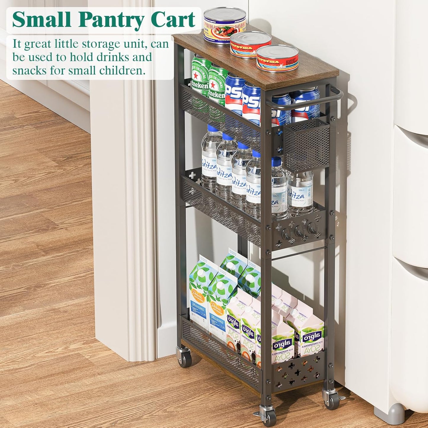 Slim Storage Cart 4 Tier Laundry Cart with Wheels, Narrow Metal Kitchen Rolling Carts Bathroom Organizers Storage Shelf with Wood Rack and Handle for Small Space