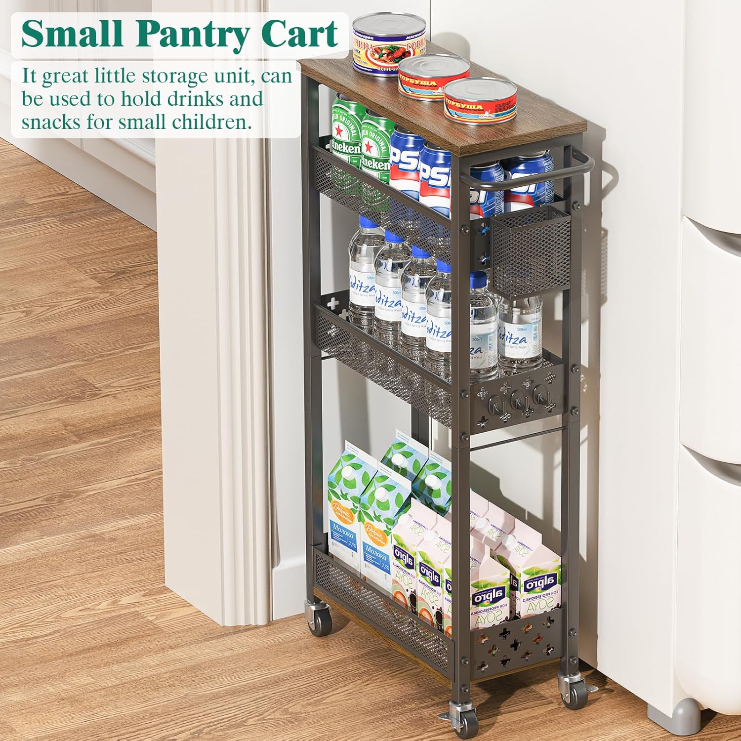 Slim Storage Cart 4 Tier Laundry Cart with Wheels, Narrow Metal Kitchen Rolling Carts Bathroom Organizers Storage Shelf with Wood Rack and Handle for Small Space