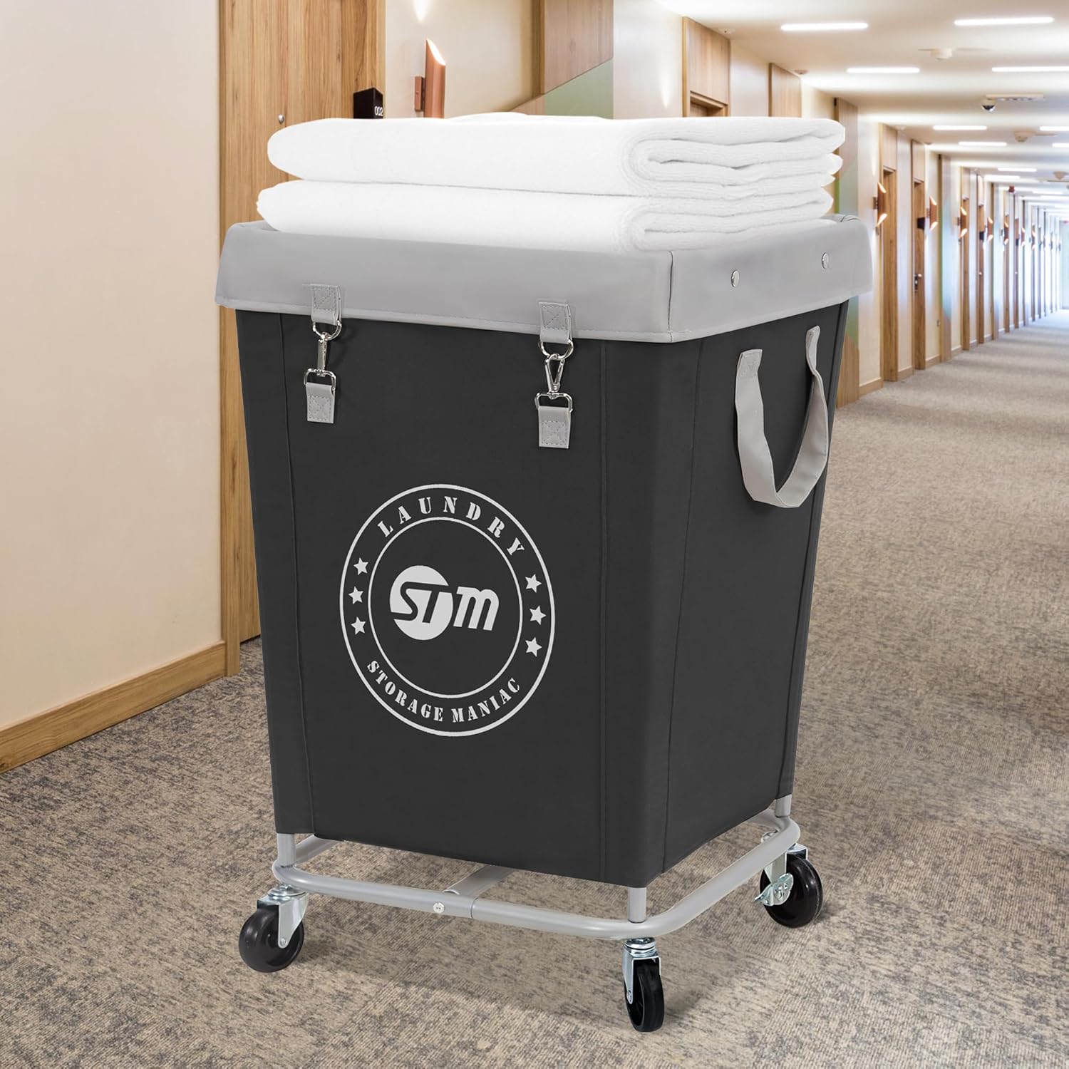 Commercial Laundry Hamper with Heavy Duty Steel Frame, 160 L Industrial Laundry Basket Cart with Wheels for Hotel, Home, Laundry Room, 17.72''L X 17.72''W X 30.91''H, Medium Black