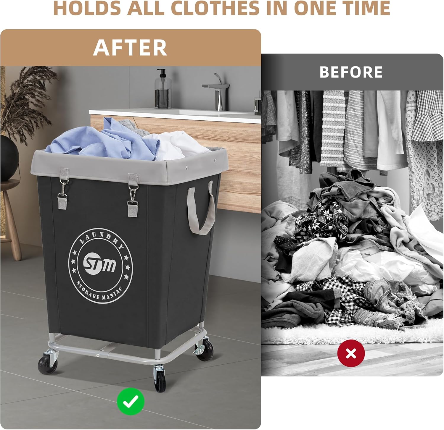 Commercial Laundry Hamper with Heavy Duty Steel Frame, 160 L Industrial Laundry Basket Cart with Wheels for Hotel, Home, Laundry Room, 17.72''L X 17.72''W X 30.91''H, Medium Black