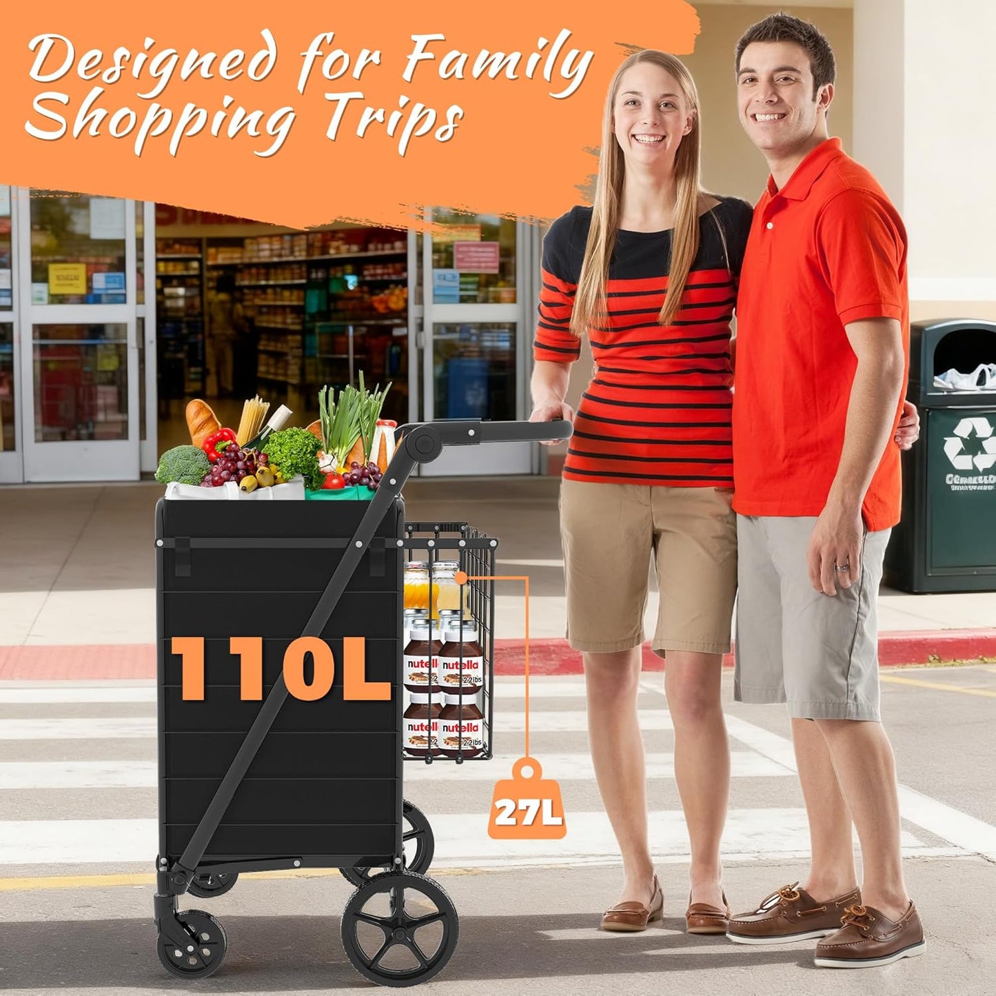 440 LBS Shopping Cart with Adjustable Handle, Waterproof Bag, 10-Min Assembly Heavy-Duty Foldable Grocery Cart with 360° Swivel Wheels for Apartments, Laundry, Camping, Black