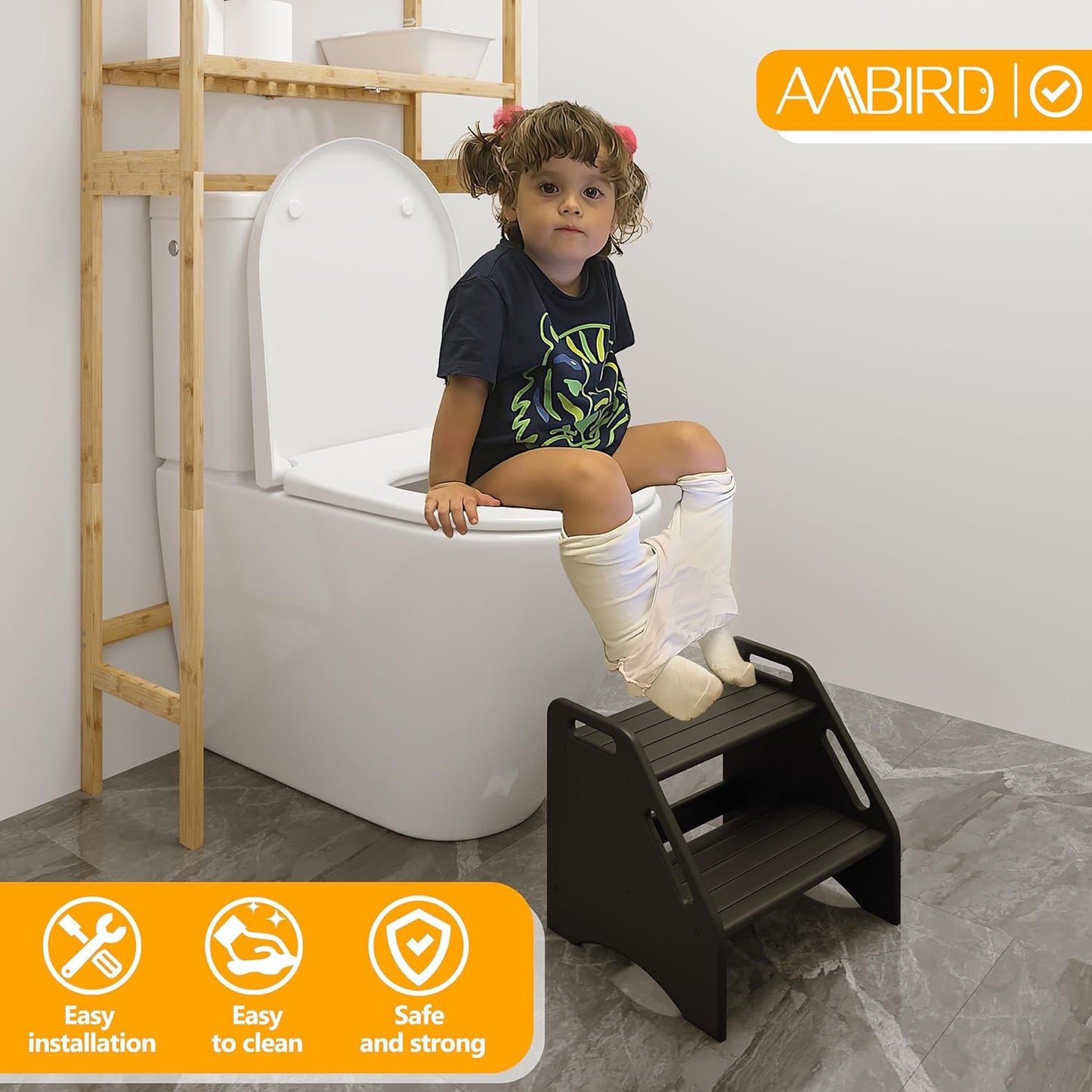 Wooden Step Stool, Two Step Stools 300 Lbs Capacity with Safety Non-Slip Pads and Handles, Bamboo Step Stool for Bathroom, Kitchen Dual Height Step Stools for Adults (Black)