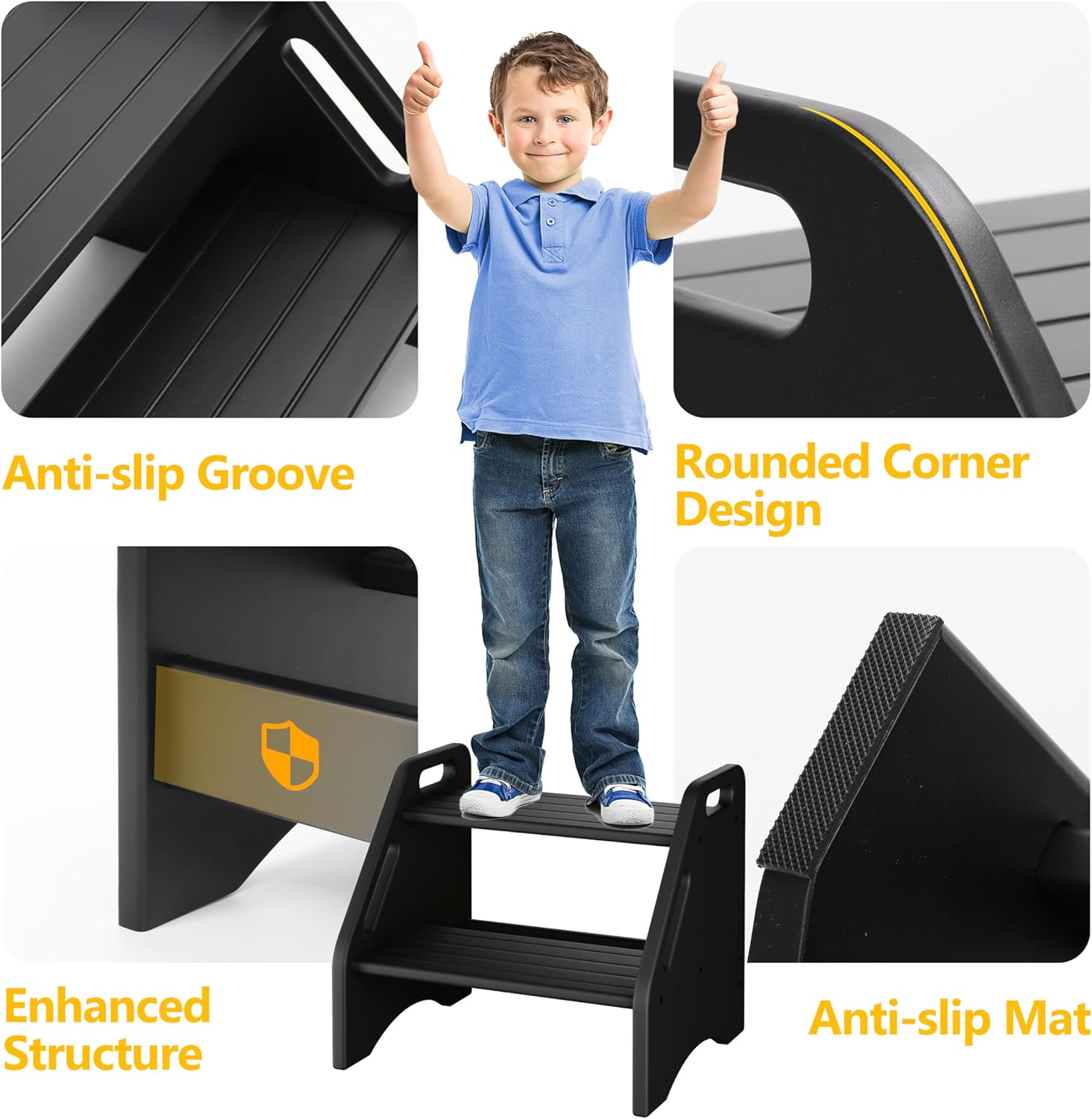 Wooden Step Stool, Two Step Stools 300 Lbs Capacity with Safety Non-Slip Pads and Handles, Bamboo Step Stool for Bathroom, Kitchen Dual Height Step Stools for Adults (Black)