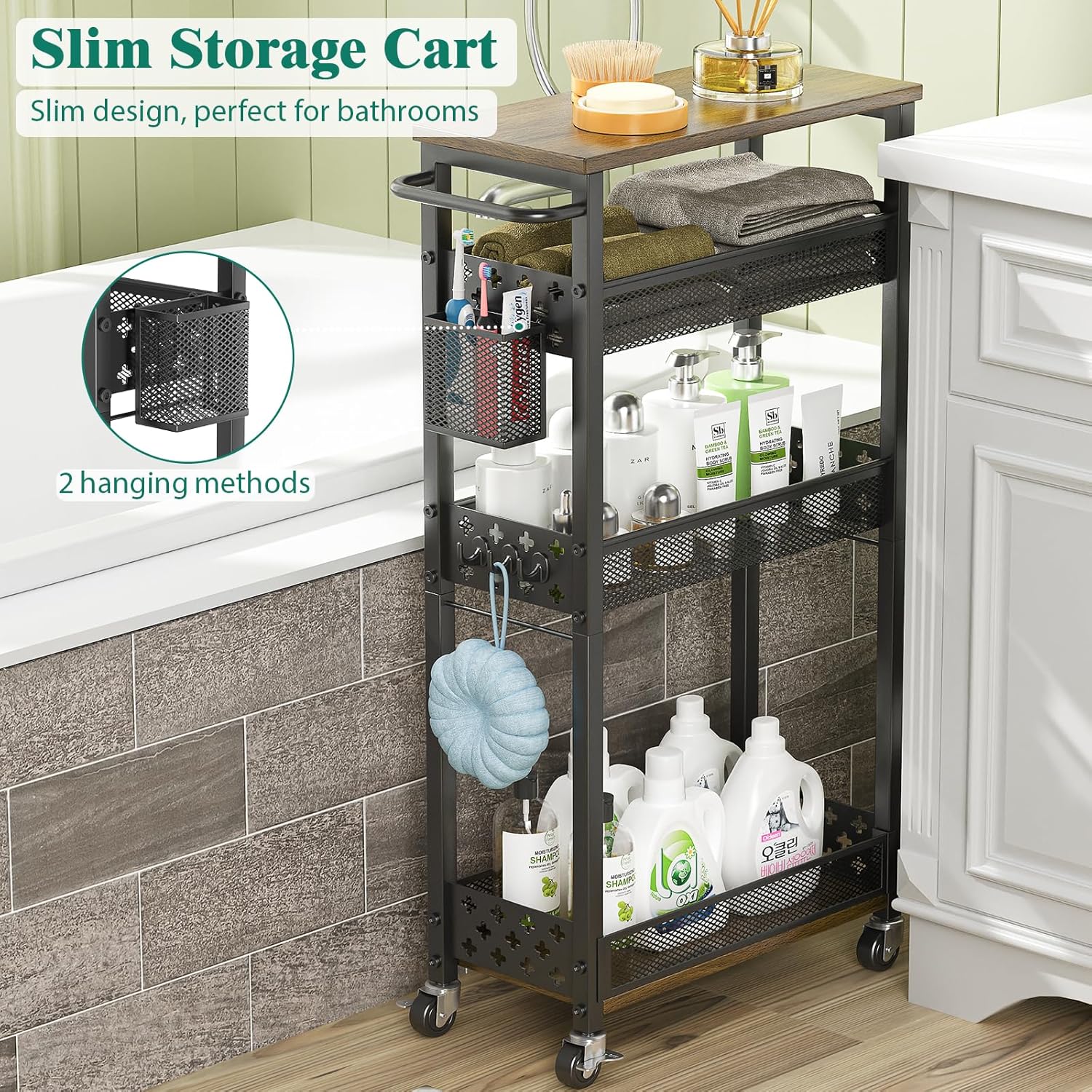 Slim Storage Cart 4 Tier Laundry Cart with Wheels, Narrow Metal Kitchen Rolling Carts Bathroom Organizers Storage Shelf with Wood Rack and Handle for Small Space