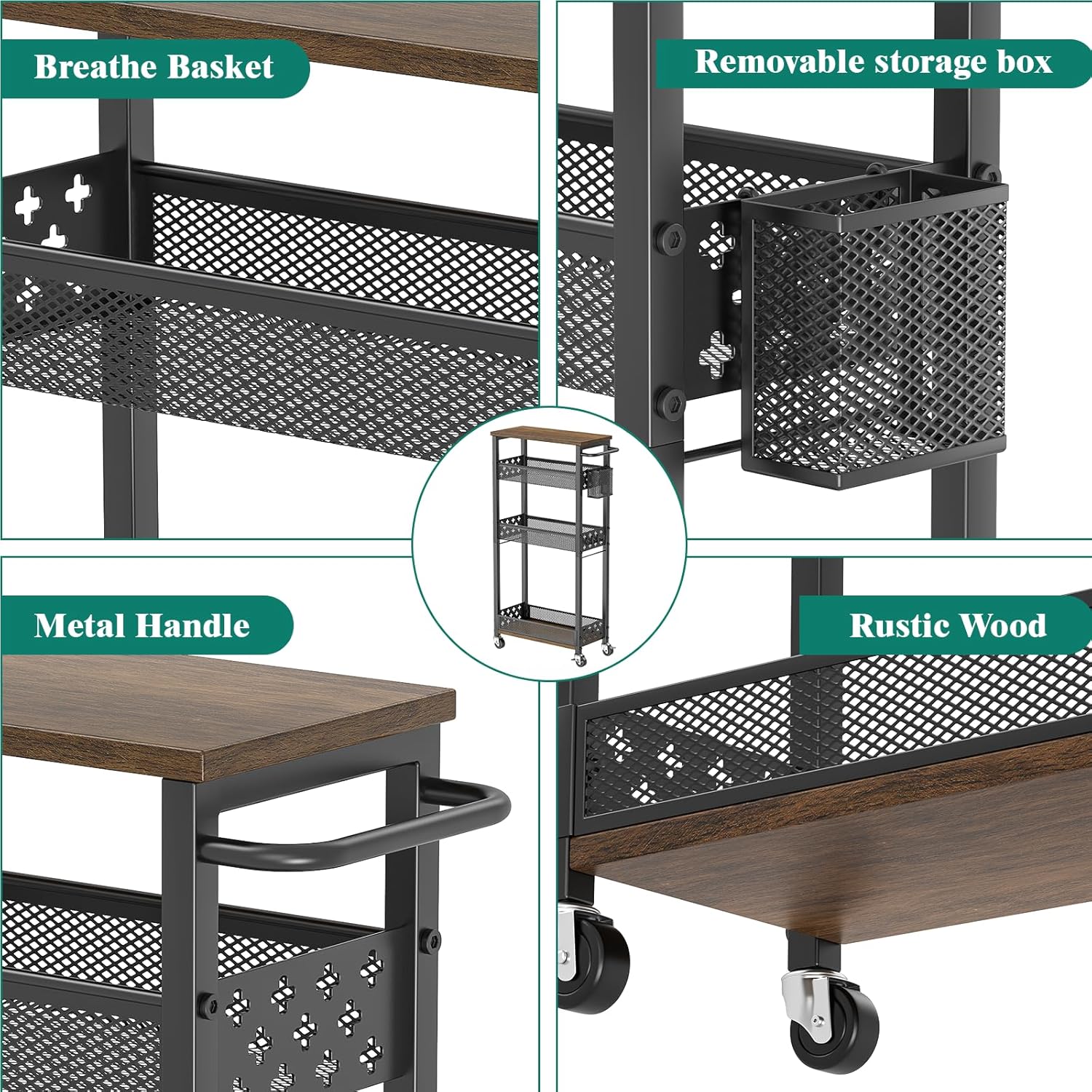 Slim Storage Cart 4 Tier Laundry Cart with Wheels, Narrow Metal Kitchen Rolling Carts Bathroom Organizers Storage Shelf with Wood Rack and Handle for Small Space