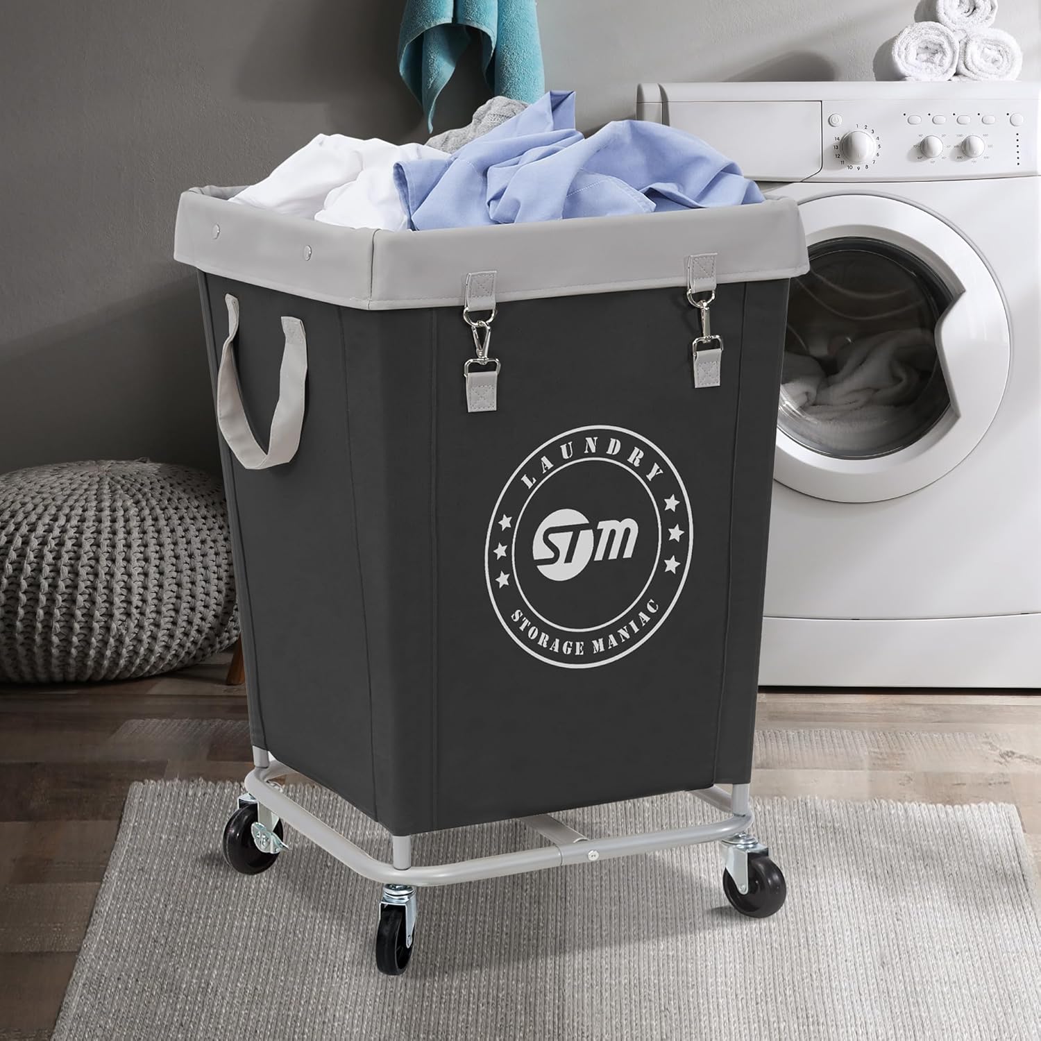 Commercial Laundry Hamper with Heavy Duty Steel Frame, 160 L Industrial Laundry Basket Cart with Wheels for Hotel, Home, Laundry Room, 17.72''L X 17.72''W X 30.91''H, Medium Black