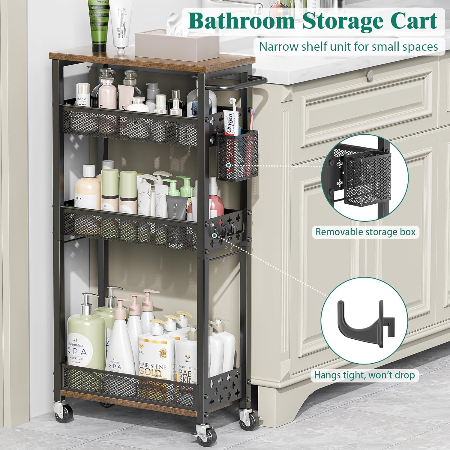 Slim Storage Cart 4 Tier Laundry Cart with Wheels, Narrow Metal Kitchen Rolling Carts Bathroom Organizers Storage Shelf with Wood Rack and Handle for Small Space