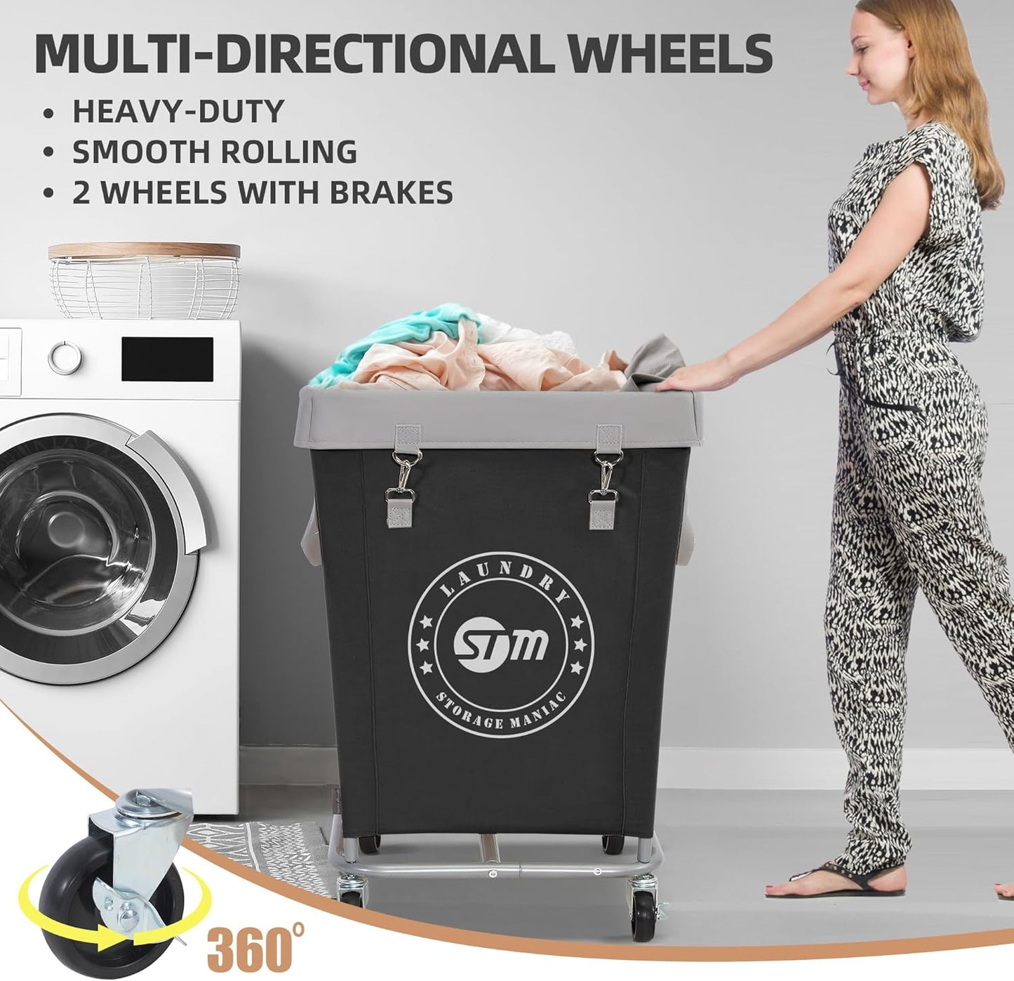 Commercial Laundry Hamper with Heavy Duty Steel Frame, 160 L Industrial Laundry Basket Cart with Wheels for Hotel, Home, Laundry Room, 17.72''L X 17.72''W X 30.91''H, Medium Black