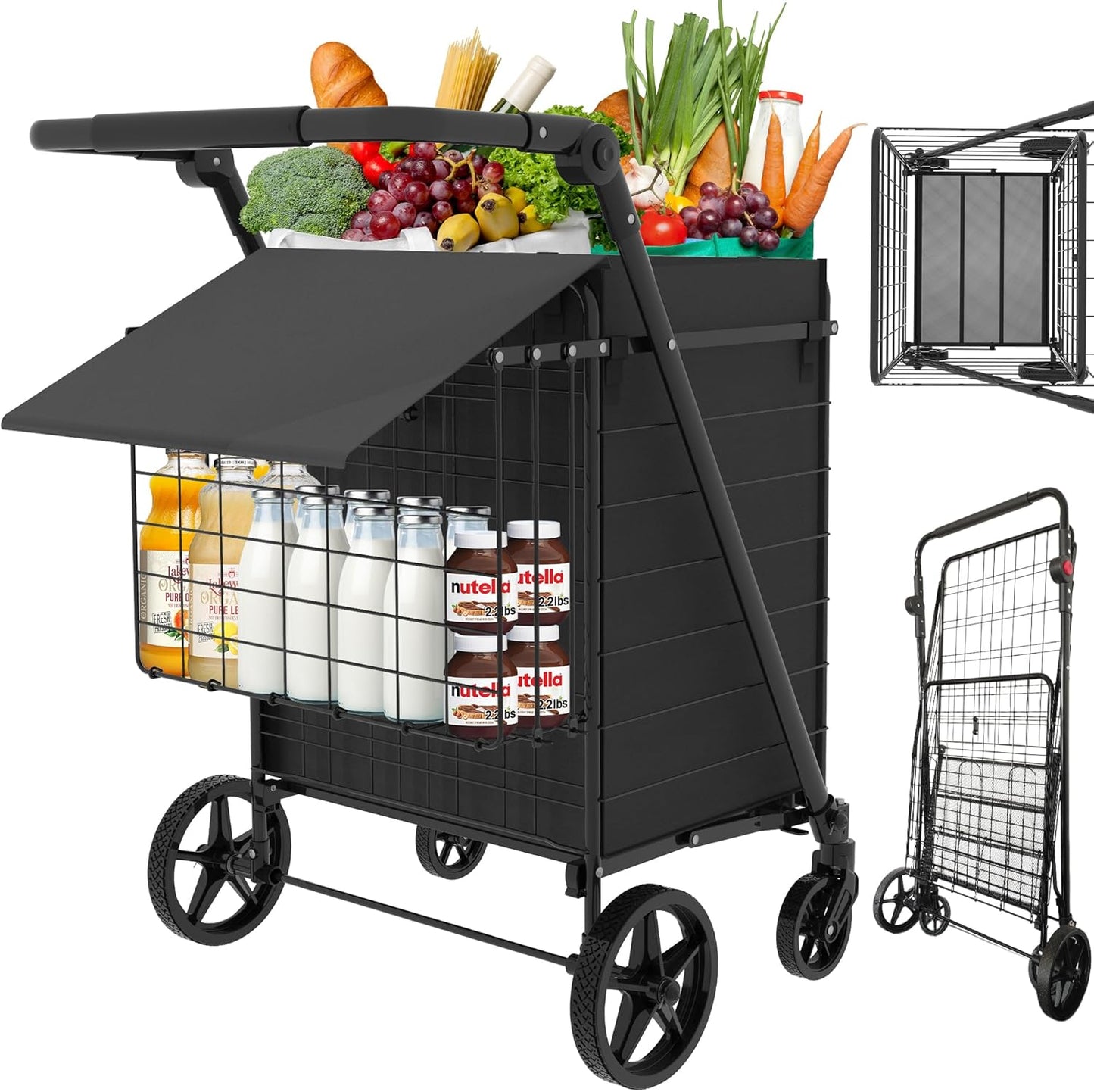 440 LBS Shopping Cart with Adjustable Handle, Waterproof Bag, 10-Min Assembly Heavy-Duty Foldable Grocery Cart with 360° Swivel Wheels for Apartments, Laundry, Camping, Black