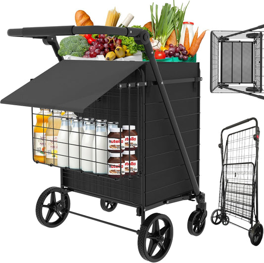 440 LBS Shopping Cart with Adjustable Handle, Waterproof Bag, 10-Min Assembly Heavy-Duty Foldable Grocery Cart with 360° Swivel Wheels for Apartments, Laundry, Camping, Black