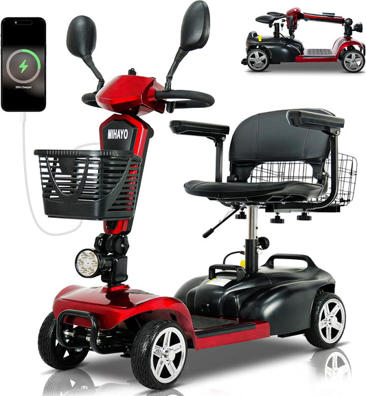 4 Wheel Mobility Scooter for Seniors&Adults- 30 Miles Range, Foldable Powered Electric Wheelchair Device W/720Wh Battery,Only 9 Lb Weight, Dual Basket, 300 Lb Capacity, Compact,Red