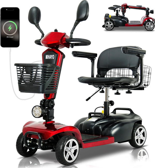 4 Wheel Mobility Scooter for Seniors&Adults- 30 Miles Range, Foldable Powered Electric Wheelchair Device W/720Wh Battery,Only 9 Lb Weight, Dual Basket, 300 Lb Capacity, Compact,Red