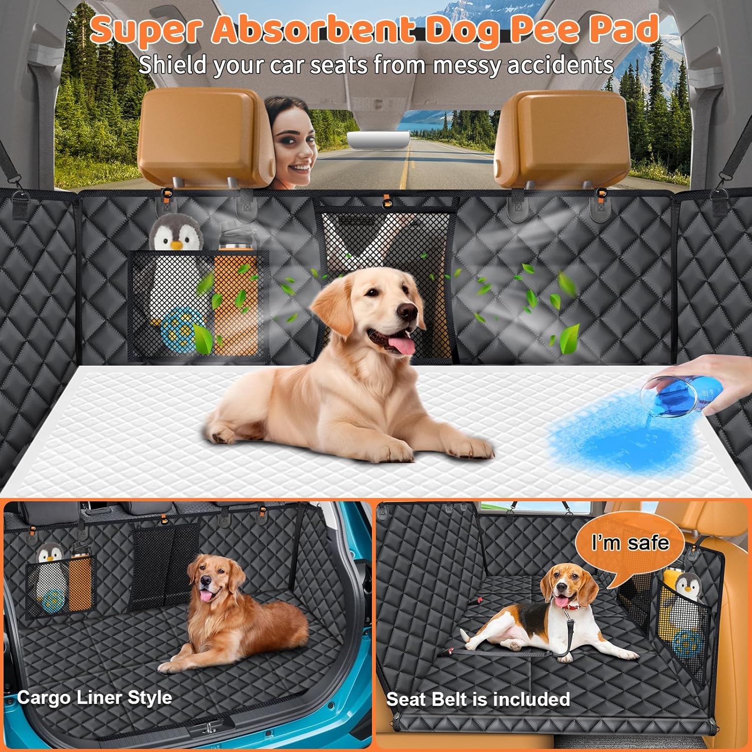 Back Seat Extender for Dogs - Hard Bottom Dog Car Seat Cover with 1PC Leak-Proof Pee Pad, Foldable Dog Hammock for Car, SUV, and Truck, Pet Rear Seat Protector Dogs Travel Bed with Mesh Window