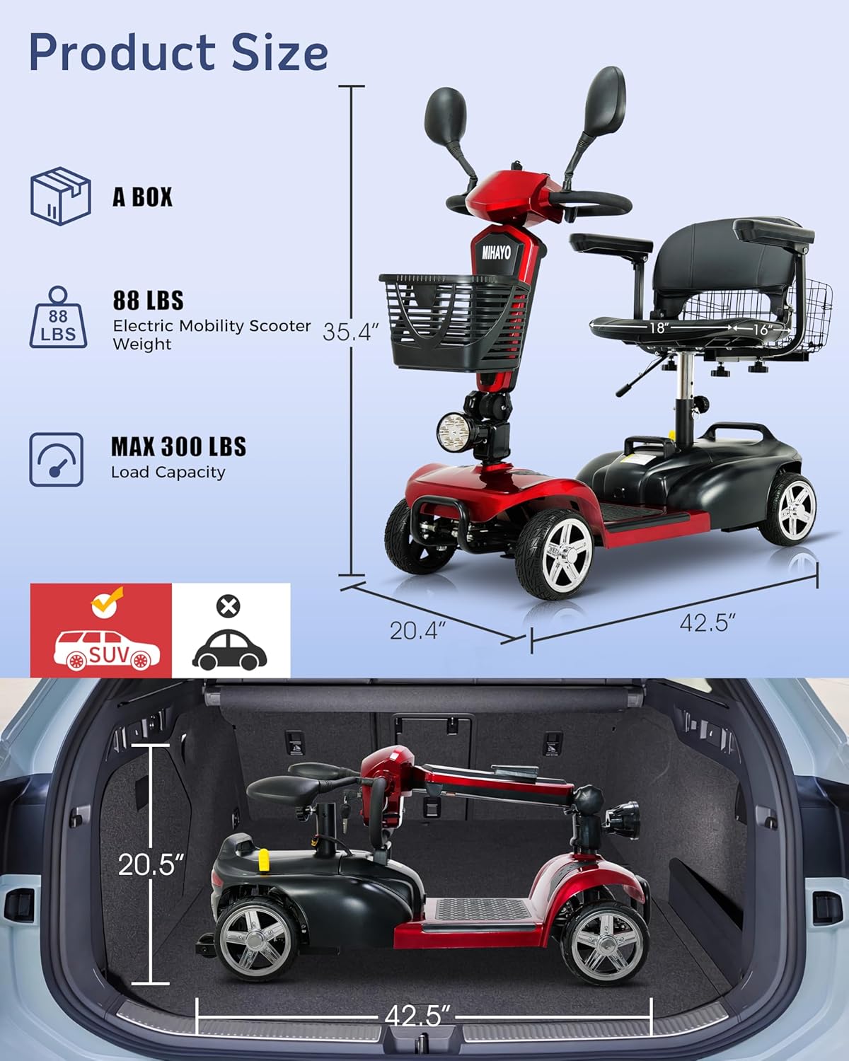 4 Wheel Mobility Scooter for Seniors&Adults- 30 Miles Range, Foldable Powered Electric Wheelchair Device W/720Wh Battery,Only 9 Lb Weight, Dual Basket, 300 Lb Capacity, Compact,Red