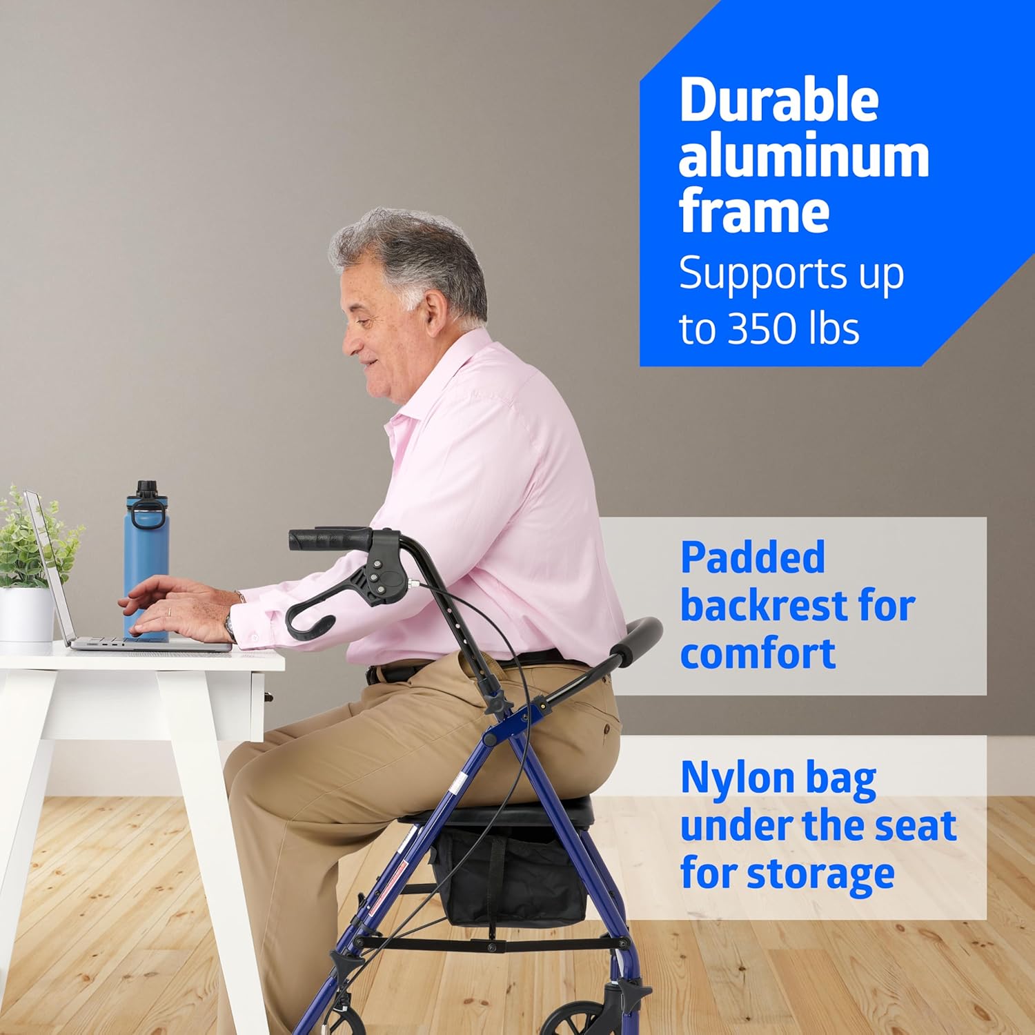 Rollator Walker with Seat, Steel Rolling Walker with 6-Inch Wheels Supports up to 350 Lbs, Medical Walker, Blue