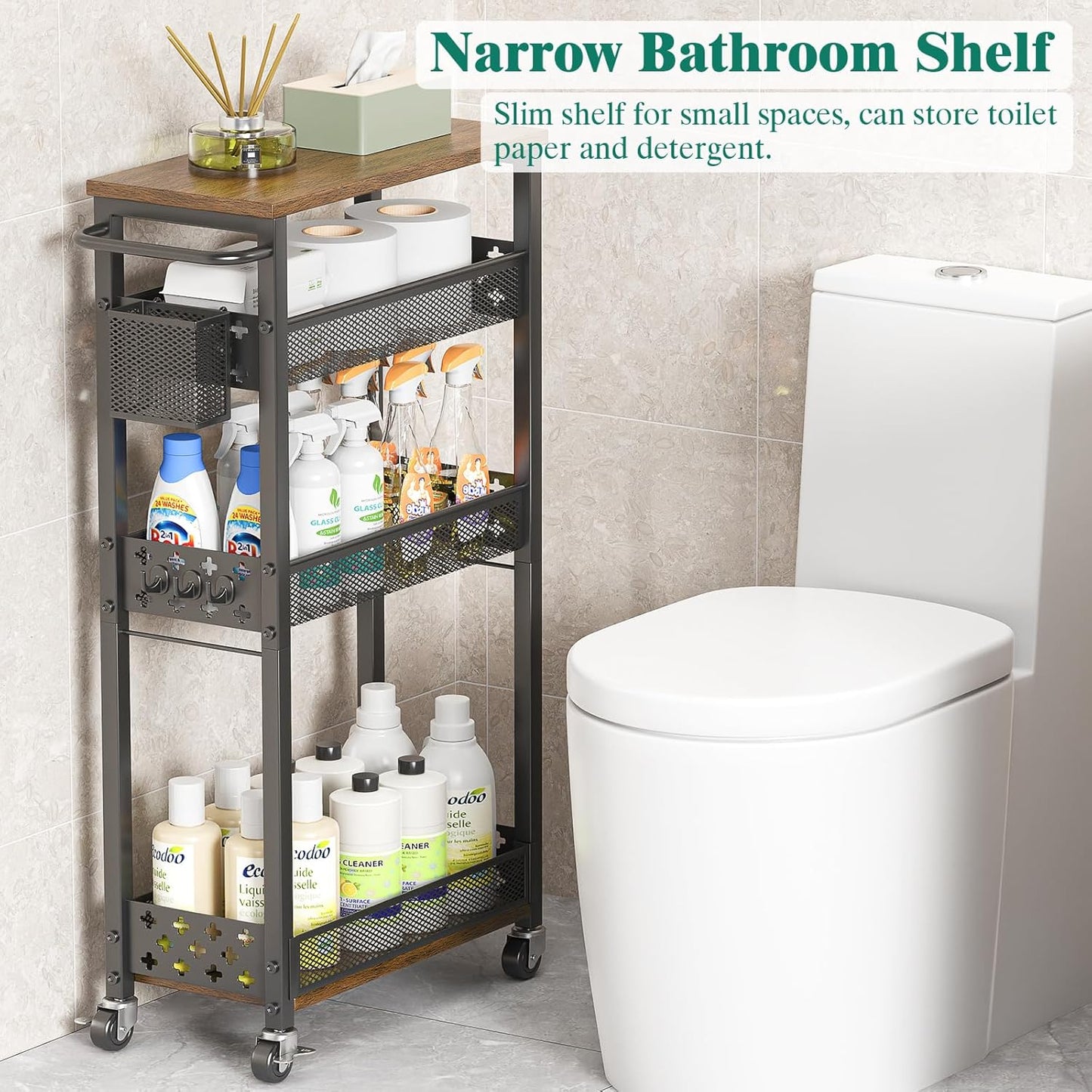 Slim Storage Cart 4 Tier Laundry Cart with Wheels, Narrow Metal Kitchen Rolling Carts Bathroom Organizers Storage Shelf with Wood Rack and Handle for Small Space