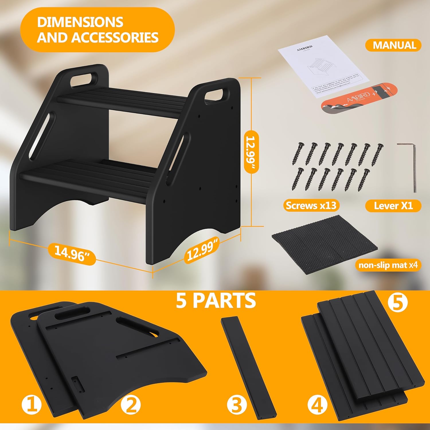 Wooden Step Stool, Two Step Stools 300 Lbs Capacity with Safety Non-Slip Pads and Handles, Bamboo Step Stool for Bathroom, Kitchen Dual Height Step Stools for Adults (Black)