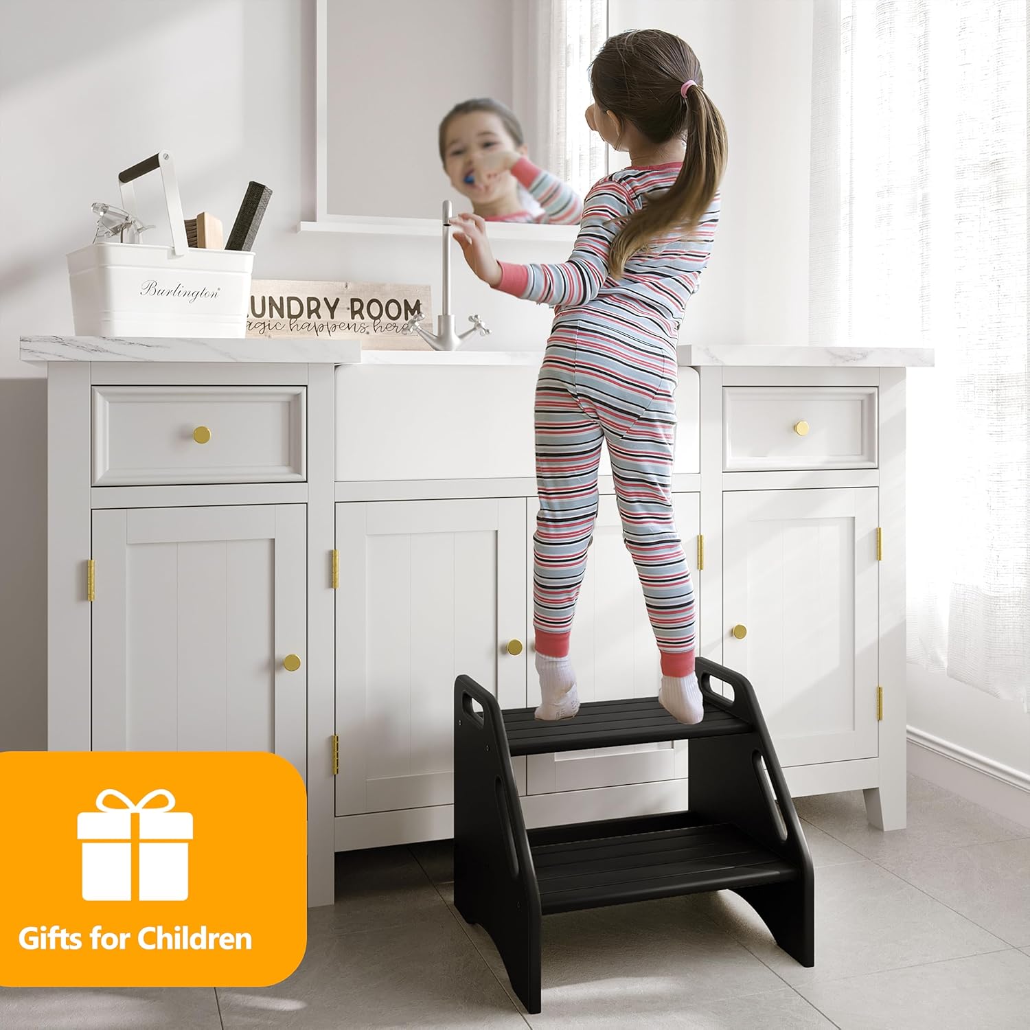 Wooden Step Stool, Two Step Stools 300 Lbs Capacity with Safety Non-Slip Pads and Handles, Bamboo Step Stool for Bathroom, Kitchen Dual Height Step Stools for Adults (Black)