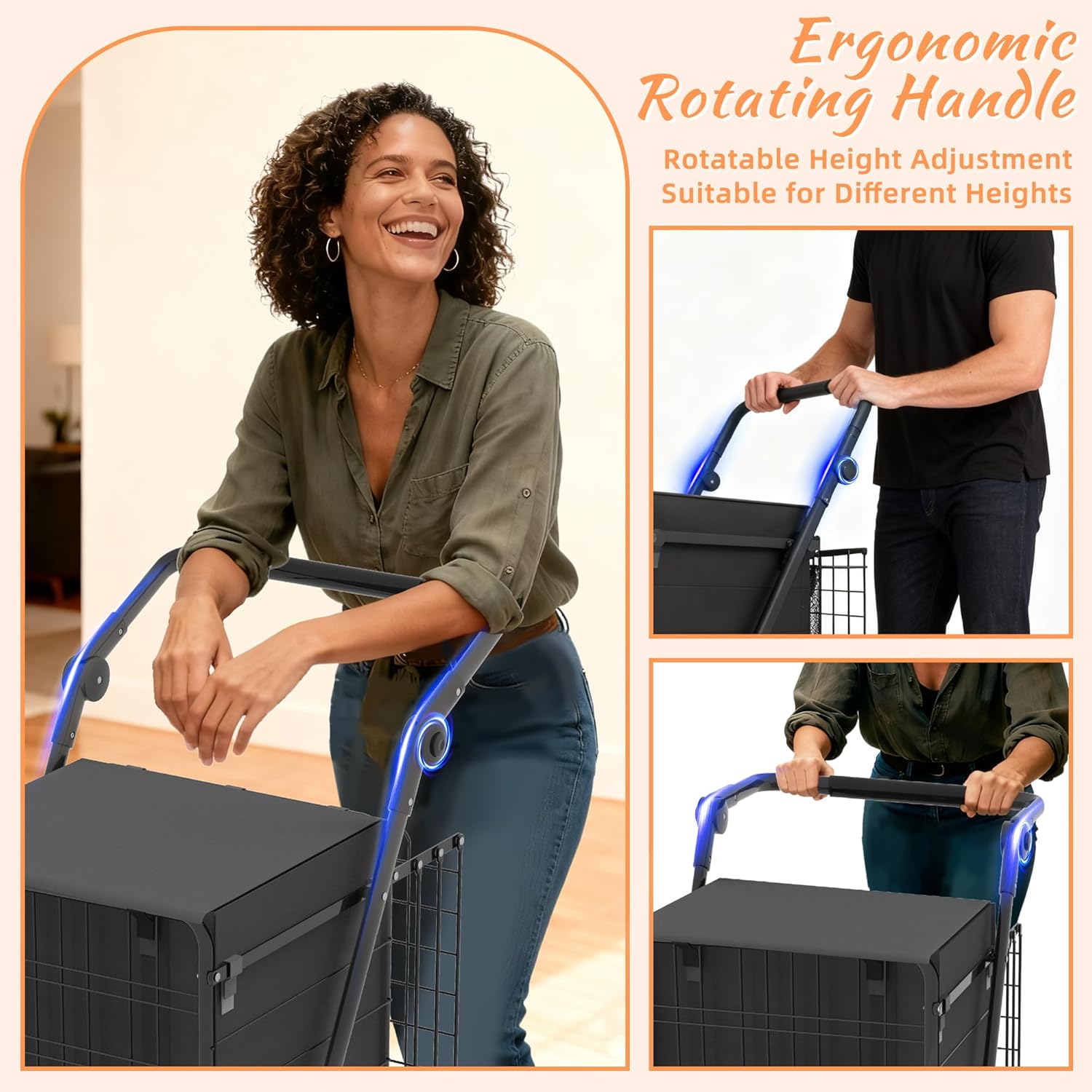 440 LBS Shopping Cart with Adjustable Handle, Waterproof Bag, 10-Min Assembly Heavy-Duty Foldable Grocery Cart with 360° Swivel Wheels for Apartments, Laundry, Camping, Black