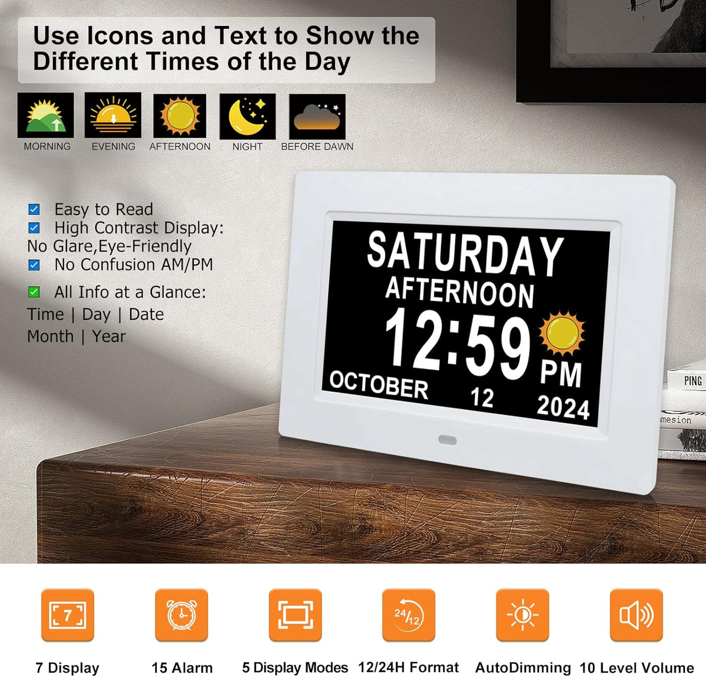 Digital Calendar Dementia Alarm Clock with Day and Date - 15 Alarms 5 Colors Display Digital Clock Large Display. Large Digital Clock for Seniors (7In White)