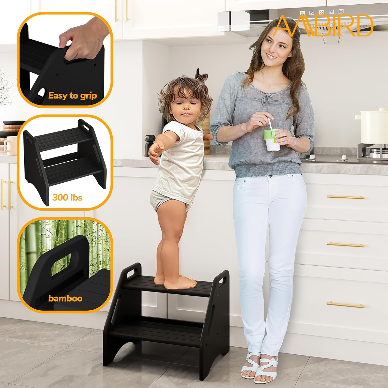 Wooden Step Stool, Two Step Stools 300 Lbs Capacity with Safety Non-Slip Pads and Handles, Bamboo Step Stool for Bathroom, Kitchen Dual Height Step Stools for Adults (Black)