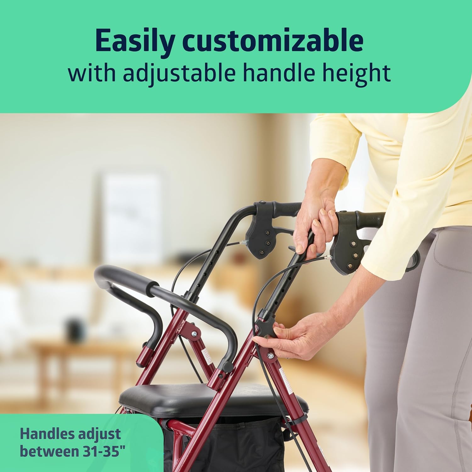 Steel Rollator Walker with Seat, Burgundy, 350 Lb. Weight Capacity, 6” Wheels, Foldable, Height Adjustable, Rolling Walker for Seniors, Walker for Mobility Impaired