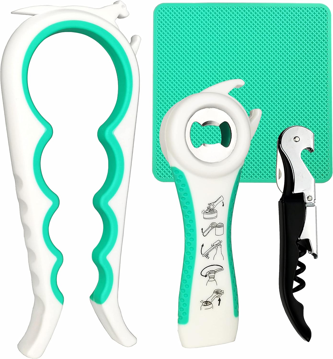 Jar Opener Bottle Opener and Can Opener for Weak Hands,Seniors with Arthritis, Elderly, Jar Lid Opener Gadgets with Rubber Jar Opener Gripper Pad and Corkscrew Opener