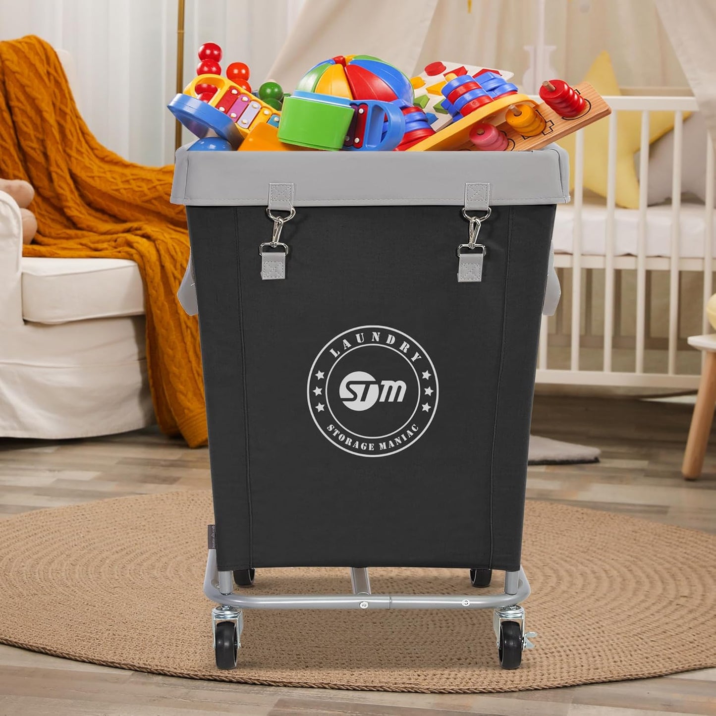 Commercial Laundry Hamper with Heavy Duty Steel Frame, 160 L Industrial Laundry Basket Cart with Wheels for Hotel, Home, Laundry Room, 17.72''L X 17.72''W X 30.91''H, Medium Black
