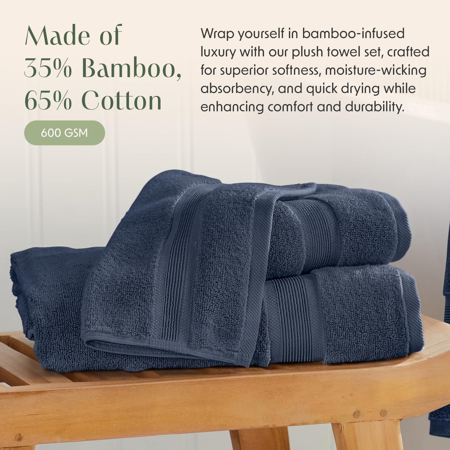 Luxury Viscose from Bamboo Bath Towel Set of 4 | 35% Viscose from Bamboo - 65% Cotton | Absorbent Quick-Dry Towels for Bathroom | Oeko-Tex Standard 100 Cotton | French Blue