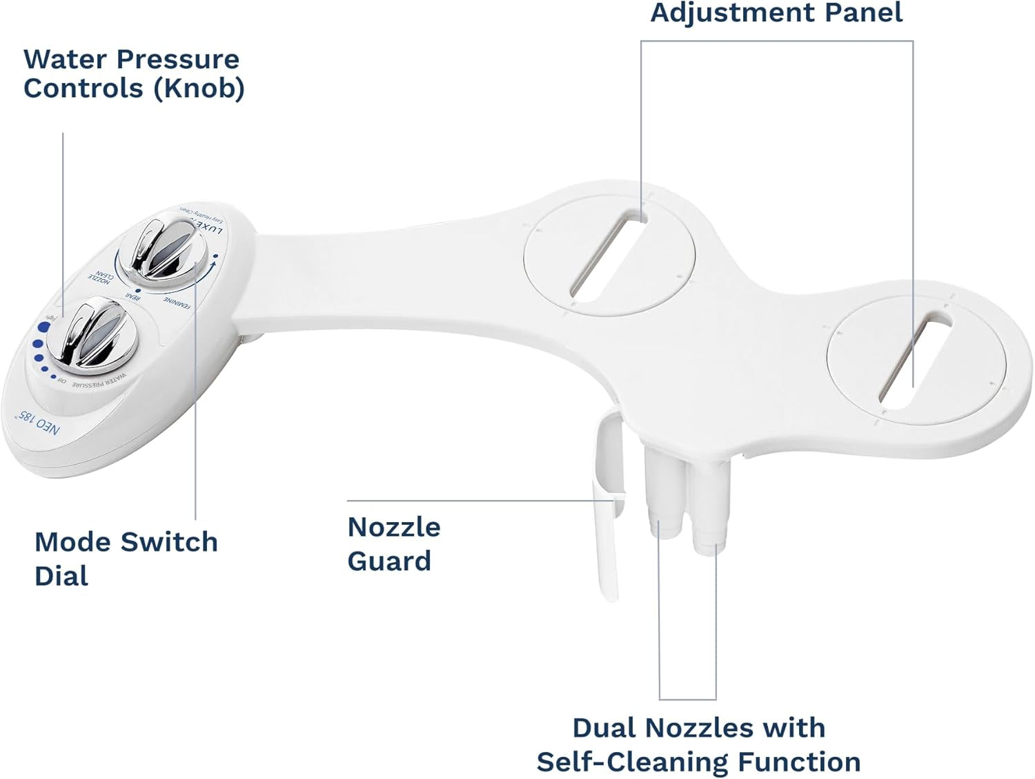 NEO 185 - Dual Nozzle, Self-Cleaning, Non-Electric Bidet Attachment for Toilet Seat, Adjustable Water Pressure, Rear & Feminine Wash (White)