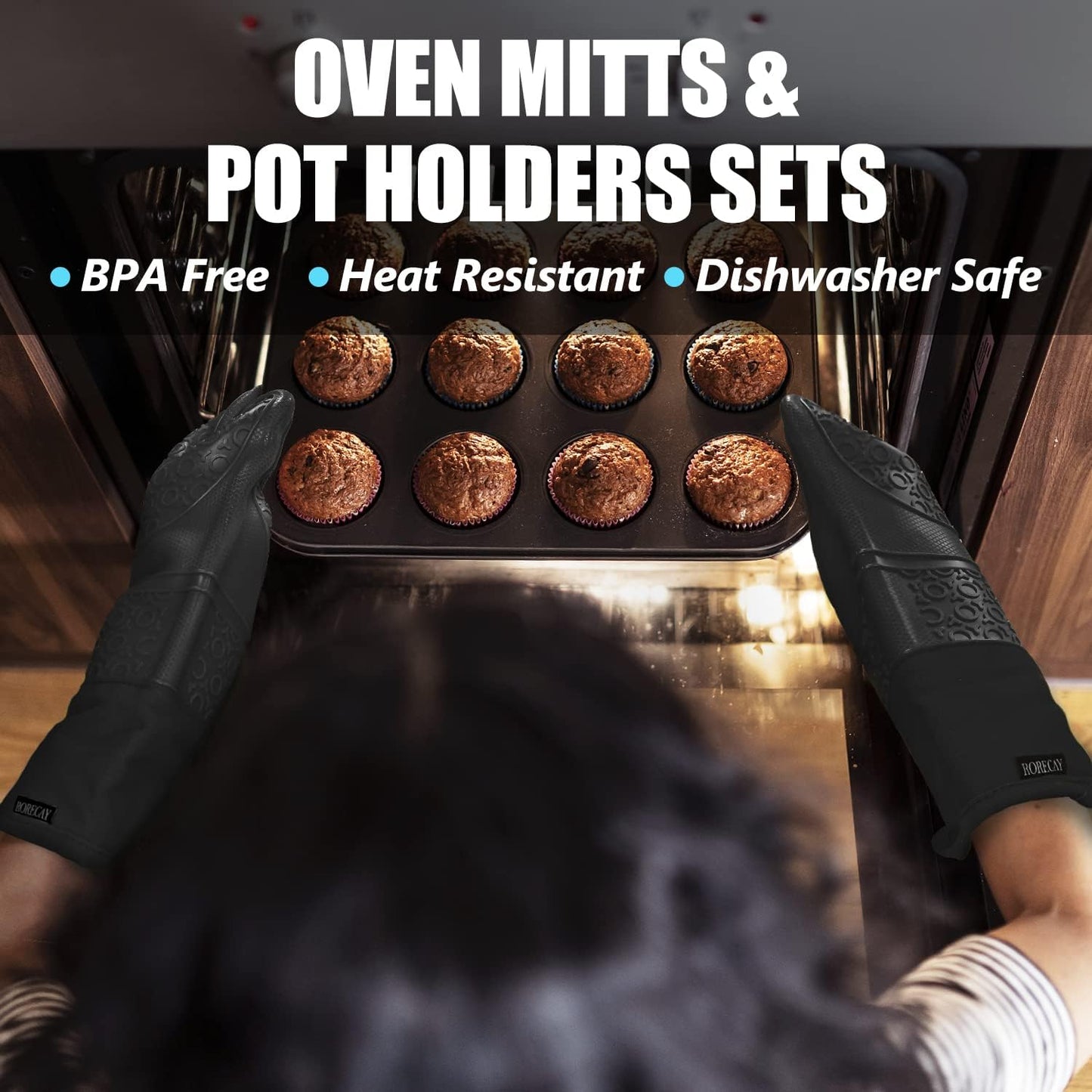 6Pcs Oven Mitts and Pot Holders Sets Heat Resistant 500 Degrees, Extra Long and Non-Slip Silicone Oven Gloves Potholders Hot Pads for Kitchen Baking Cooking, Quilted Liner, Black