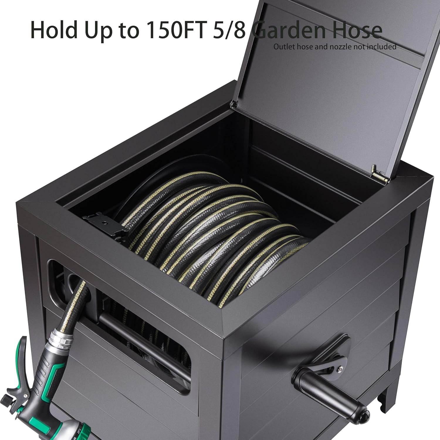 Metal Garden Hose Reel Deck Box, Durable Steel Garden Hose Storage Box Cabinet, 150Ft 5/8" Garden Hose Capacity. - Hose Guide Manual Rewind, No-Leak Aluminum Water Connections