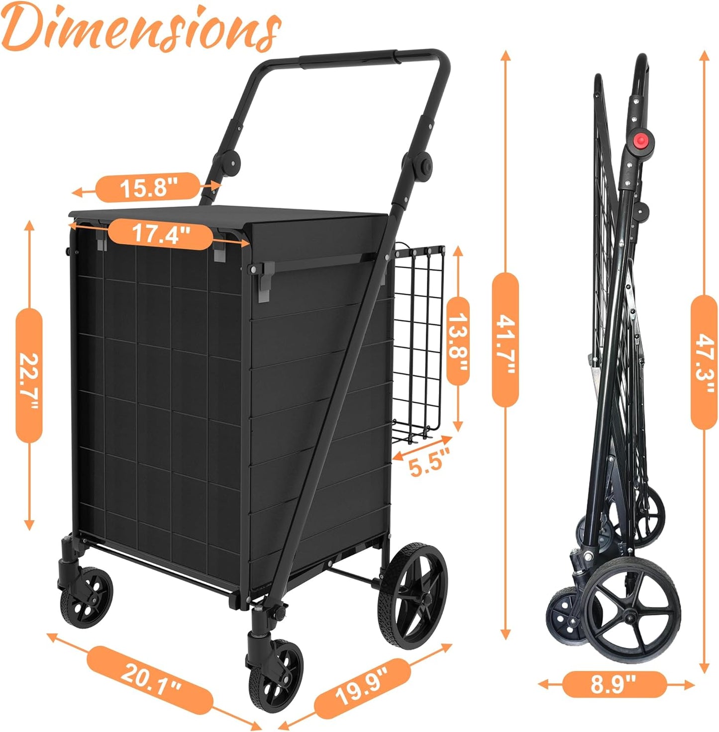 Grocery Cart on Wheels with Adjustable Handle, Waterproof Bag, 10-Min Assembly Heavy-Duty Foldable Shopping Cart for Apartments, Laundry, Camping, Max Load 320 LBS, Black